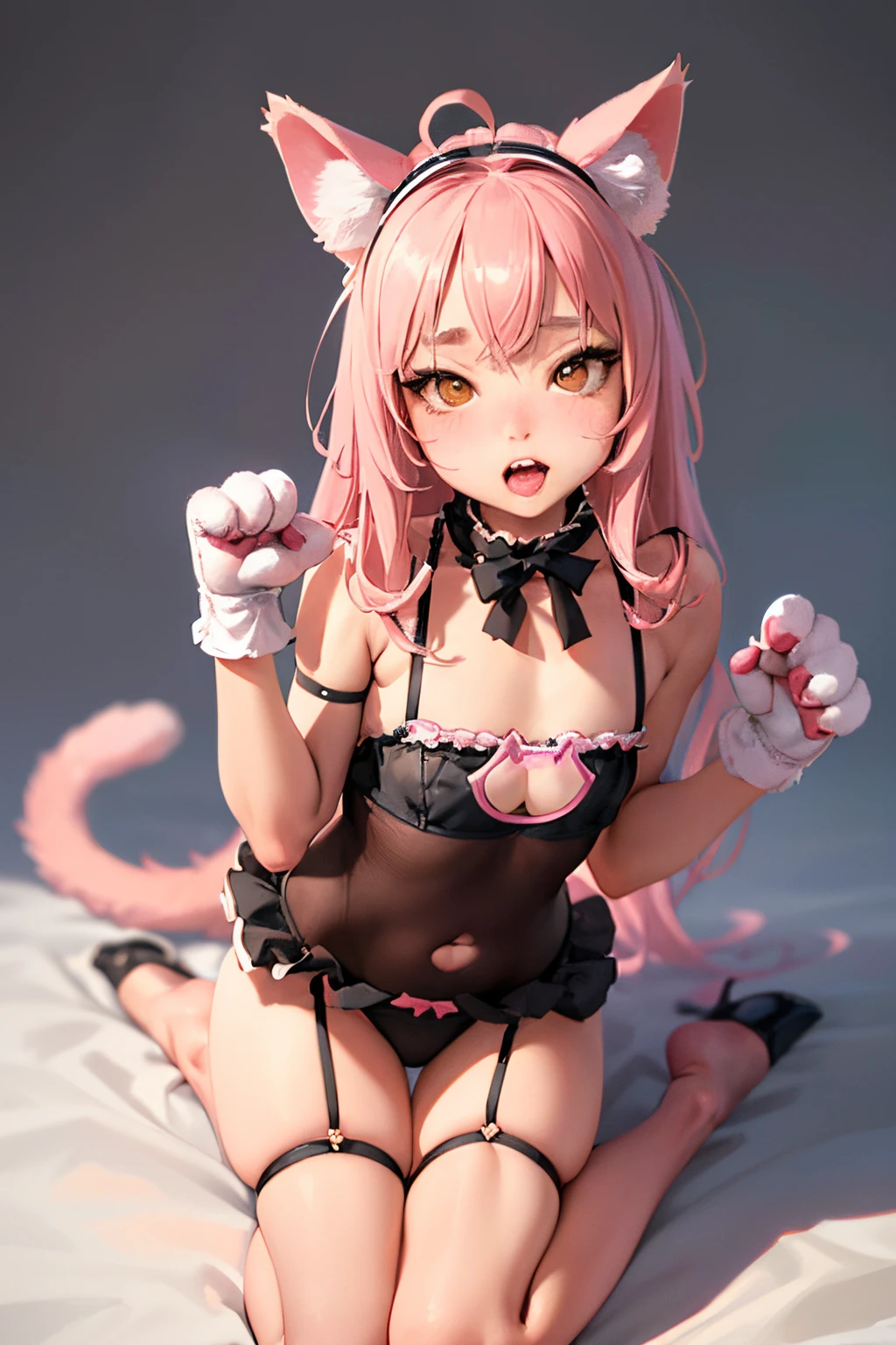 A cat girl figurine wearing a pink bikini and sitting on the floor, 1girl in, animal hands, @ @, Animal ears, Solo, Cat ears, Cat Lingerie, Panties, Same attraction, Underwear, tail, Clothes Cutout, Cat clippings, Ahoge, Black panties, Paw gloves, gloves, Cat tail, cleavage cutout, Navel, frilld, Fake animal ears, White background, Open mouth, Background, frilled bra, Bra, A sitting masterpiece))), (((Best Quality))), ((Ultra-detailed)), ((((Photo Real)))),(((((ultra-realism))))),(((koi ))),Beautiful eyelashes,,,grin,((juvenile,.js,girl,childees,