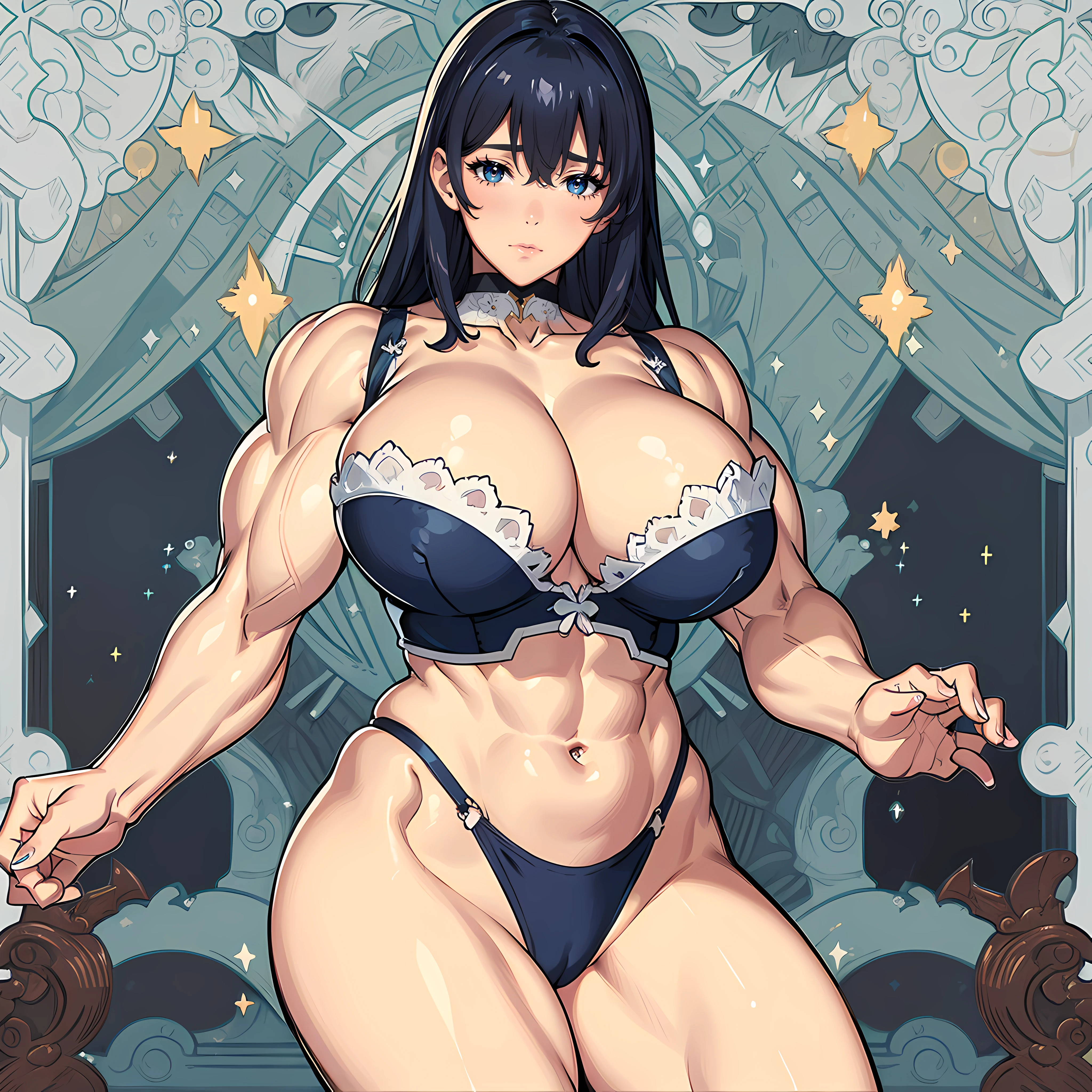 masterpiece、top-quality、hight resolution、独奏、Neat and clean woman、Thicker liplack bustier、I'm looking straight at this、(Colossal tits)、in a house、Misaligned bra、T back、(Reaching: 1.2)、sprawl、From above、Outstretched arms、irate、Disheveled underwear、sexual expressions, ((((huge muscles))))