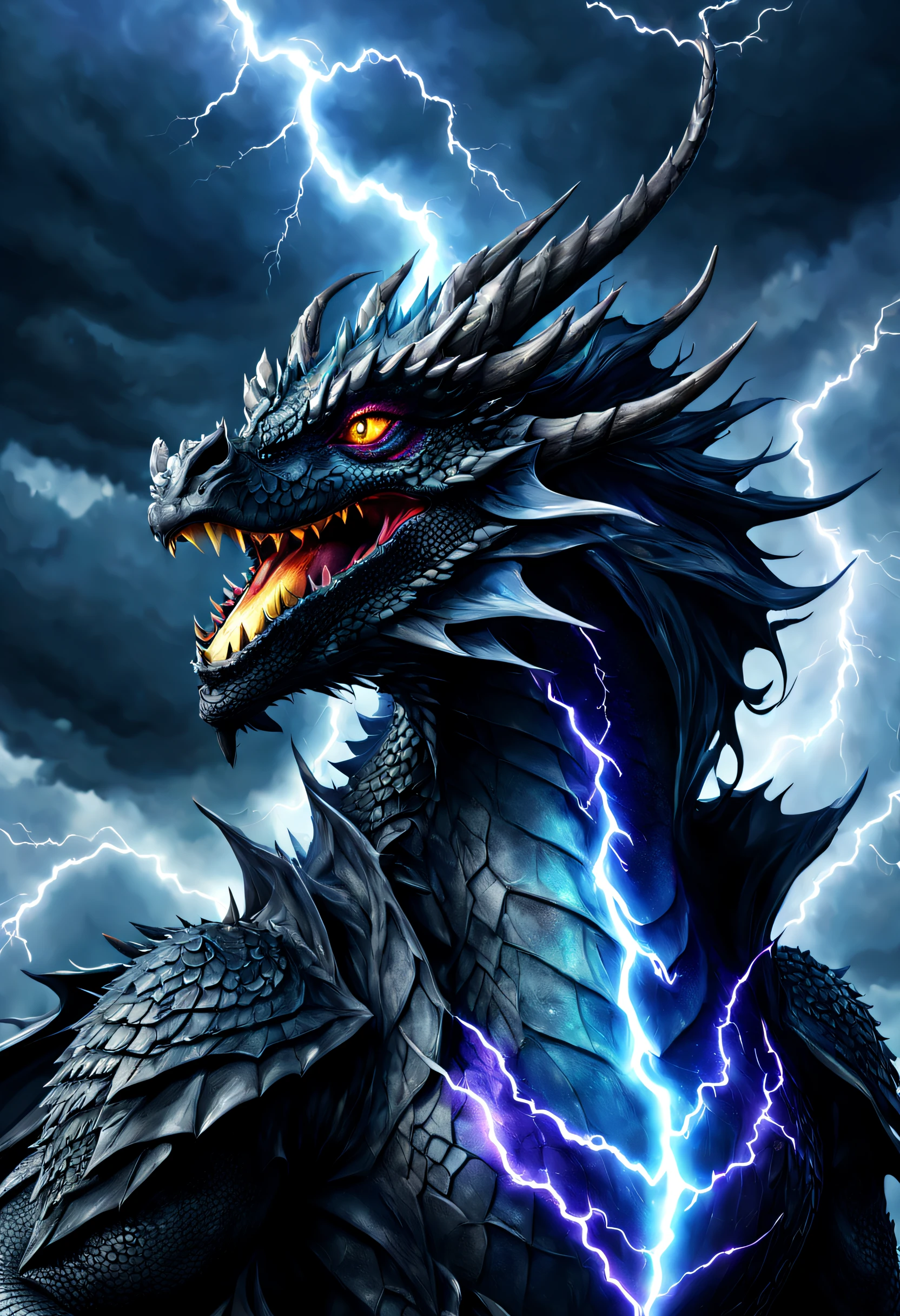A beautiful realistic dark dragon with a coat made of a magnificent storm with lightning, It's textured and beautiful with lot of multicolored glasses part