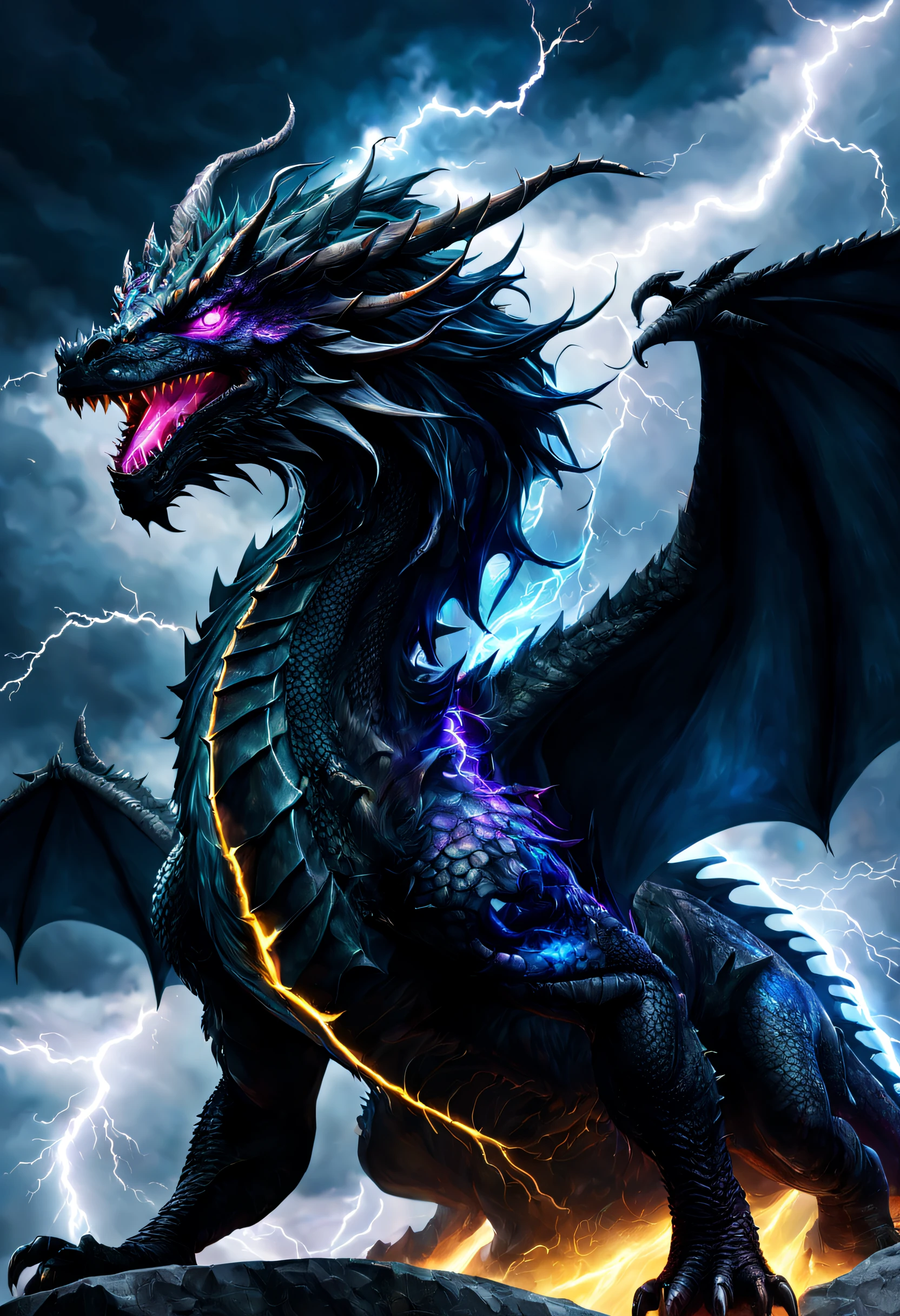 A beautiful realistic dark dragon with a coat made of a magnificent storm with lightning, It's textured and beautiful with lot of multicolored glasses part