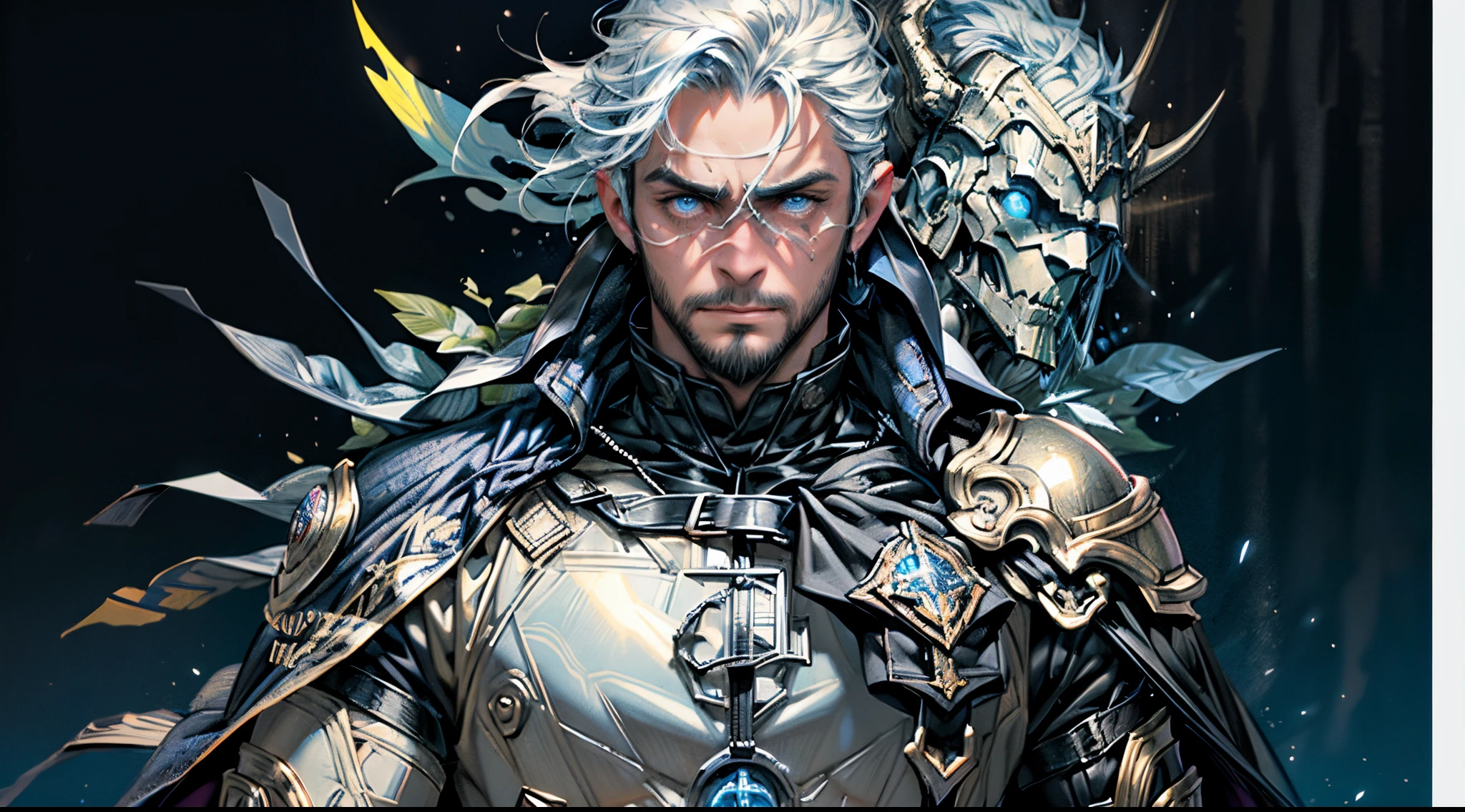 Highest quality, masterpiece, male, black super short hair, blue eyes, armor, cape, brightly colored, bright picture, paladin, muscular, short beard, mature, glowing particle special effects, church, national character face, tall, strong, rough face, falling feathers