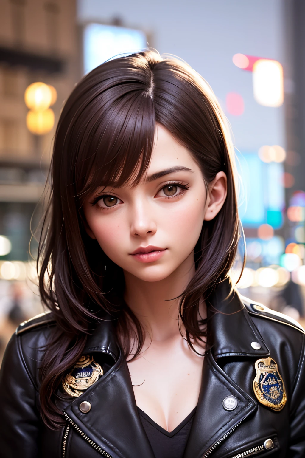 Portrait of Nuttle as a beautiful female model, Georgia Fowler, beatiful face, with short dark brown hair, in cyberpunk city at night. She is wearing a leather jacket, black jeans, dramatic  lighting, (police badge:1.2)