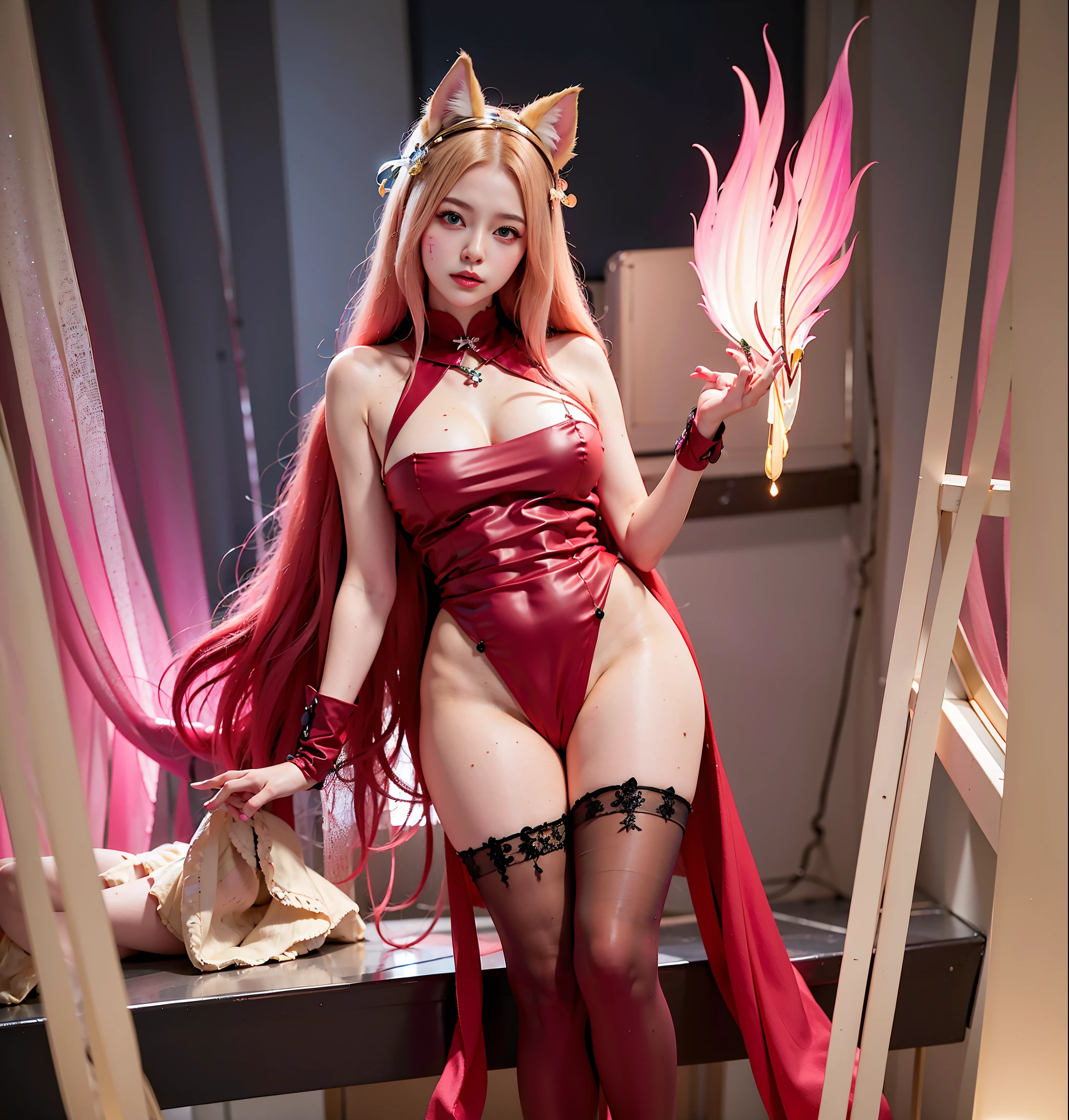 face lighting,bright backlight,medium breasts,super high resolution,best quality,Photos,4k,(Realistic:1.2),
1 girl,cute,,Ahri (League of Legends),looking at viewer,(moderate breasts:1.1),nine tails,long ears,green eyes,(long wavy hair:1.2),white and gold headdress,red and gold qipao dress,(thigh-high stockings:1.3),red high heels,red and gold bracelets,in a moonlit forest,