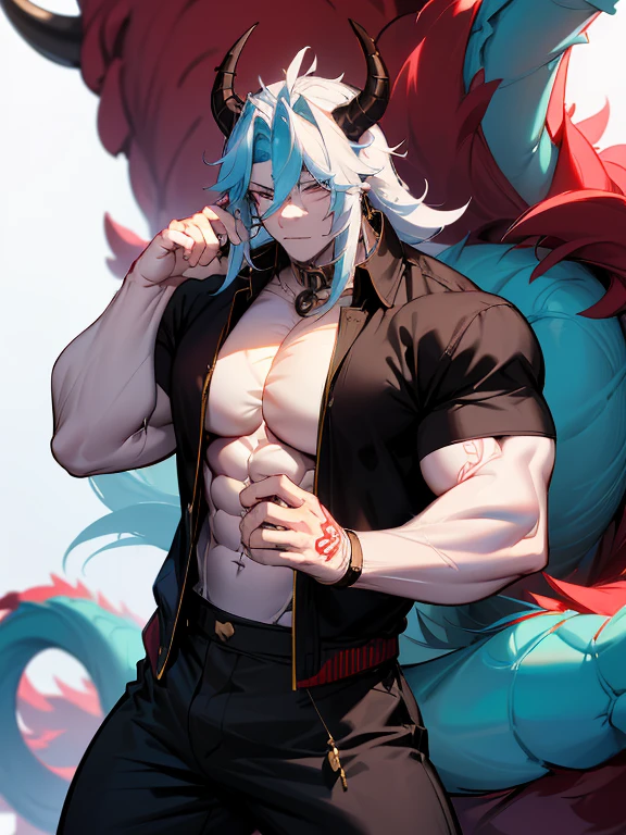 It has blue horns resembling a crescent moon. It has a long tail like a dragon. A skull covering his face, no face, and a red tattoo across his chest. There was only one eye beneath the cleavage.
He is a handsome dragon demon. He was naked and had a really big cock. He is a muscular man. He is a sex addict.