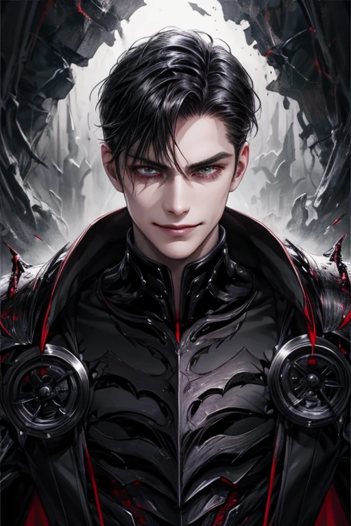 villian, black hair, omega armor,sinister, sinister smile, close up, portrait, high contrast, stylish, masterpiece, best quality, 1male, handsome, young,