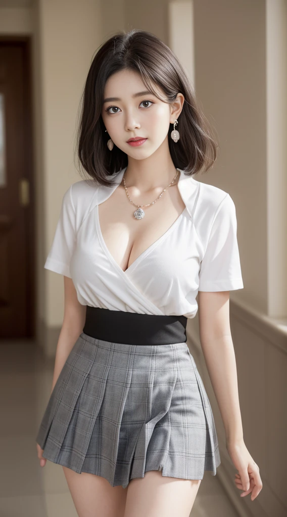 no neckless、Perfect legs、Perfect hands、(Best Quority、8K、32 k、巨作、BMS:1.3)、Attractive Japanese Woman Pictures、女の子 1 人、Brown-haired、(Small breasts:1.0)、abdominals、the perfect body、(Transparent shirt、Shirts with open buttons、White shirt with collar:1.1)、hyperdetailed face、Detailed lips、finely eye、双眼皮、Suit skirt、cleavage of the breast、Sit with open legs、Slouching、Open all buttons on your shirt、a bed、Short hairstyle、Smile、perspiring、Wet skin