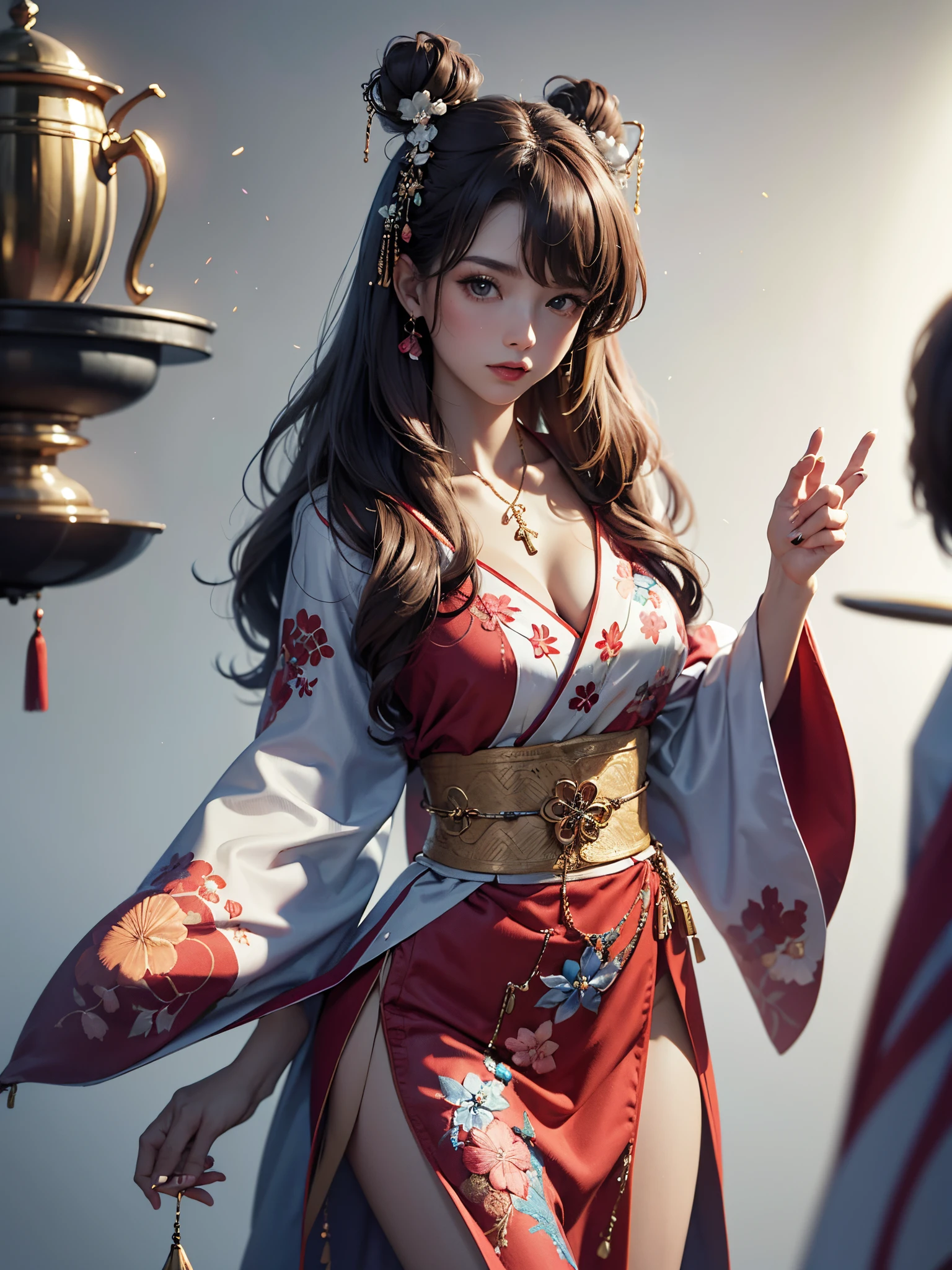 (masterpiece, top quality, best quality, official art, beautiful and aesthetic:1.2), (1girl),elaborate costume(Luxurious Japan kimono(Colorful kimono(detailed embroidery))), extreme detailed,(Fractal art),colorful,highest detailed,昼間のWestern castle in the background,having a tea party,