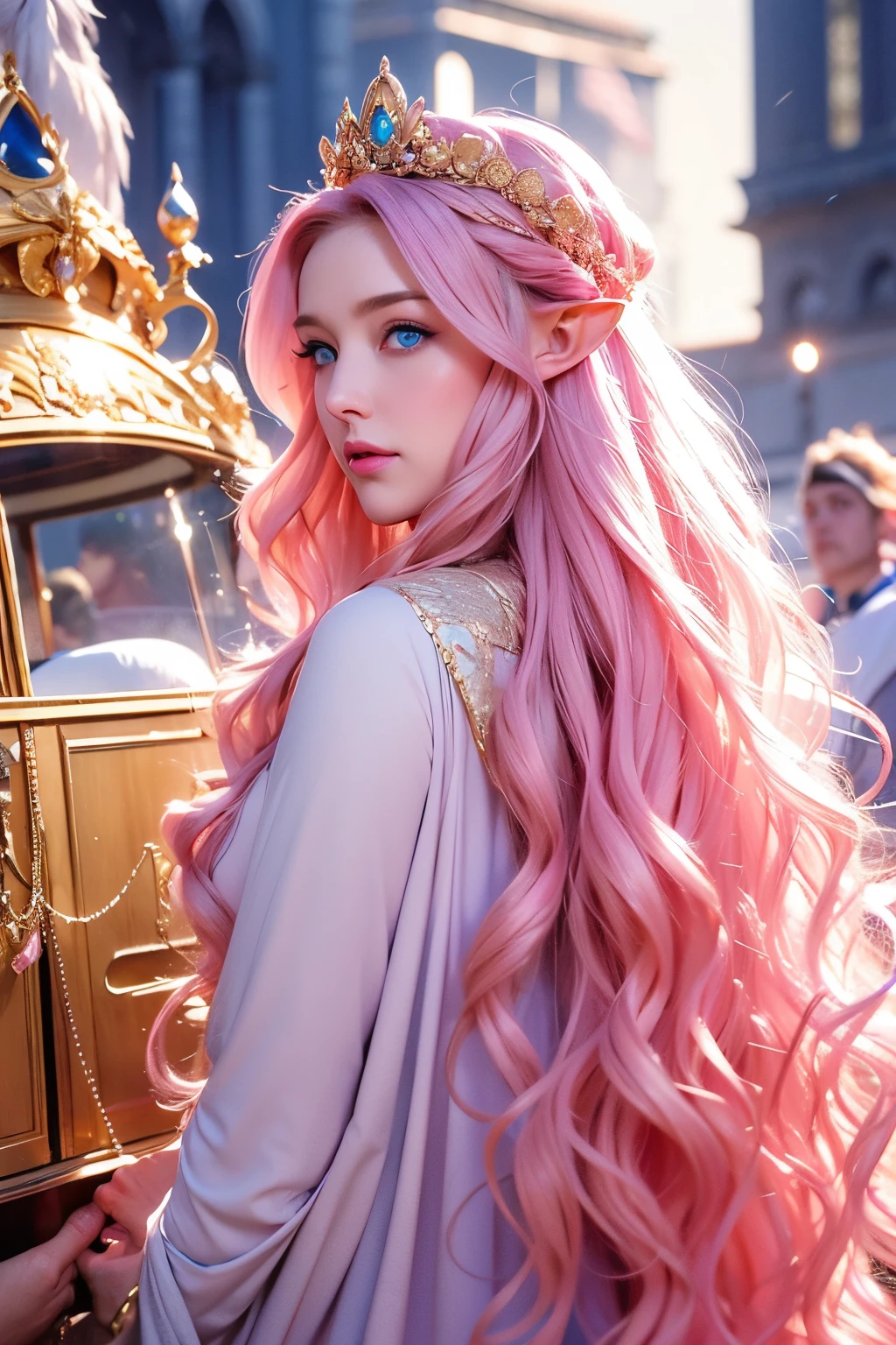 “Woman, long curly hair, pink hair, blue eyes, elf, Queen, in a golden carriage, carriage, highlighted eyes, crown, carriage with horses