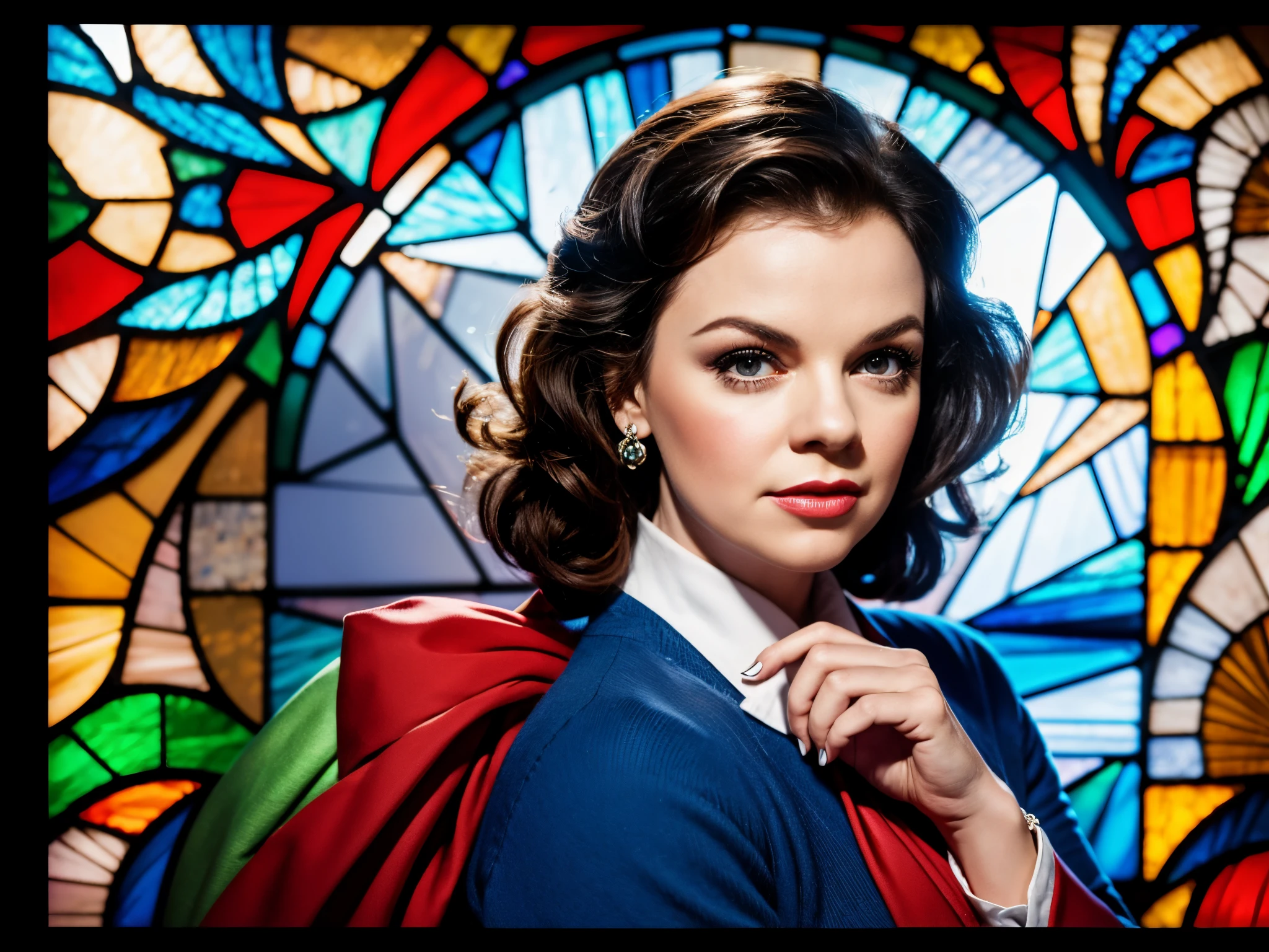Craft an image of Judy Garland in the style of a stained glass window, with vibrant colors and intricate patterns.