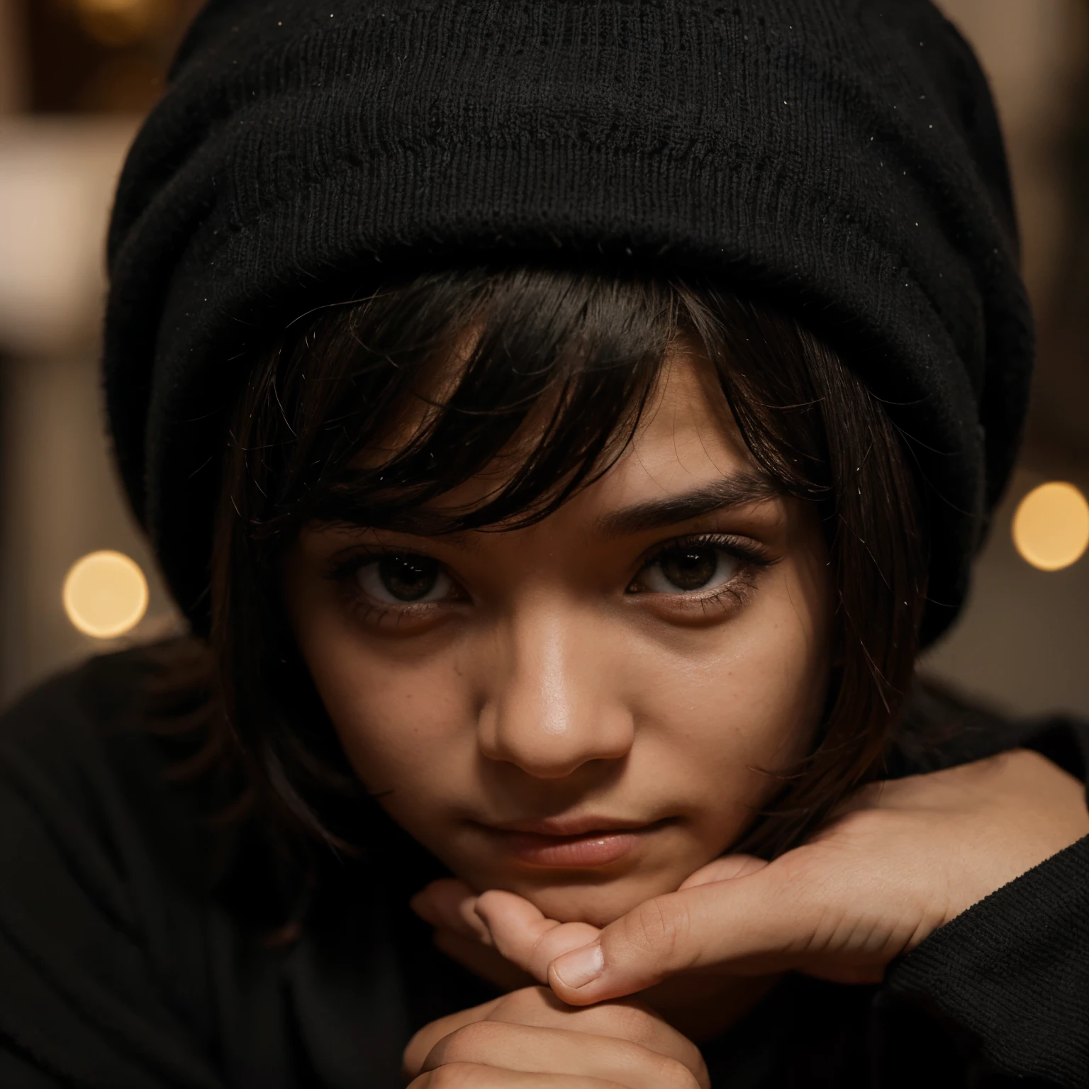 Um fofo de cabelo preto e olhos cor de mel com gorro de natal