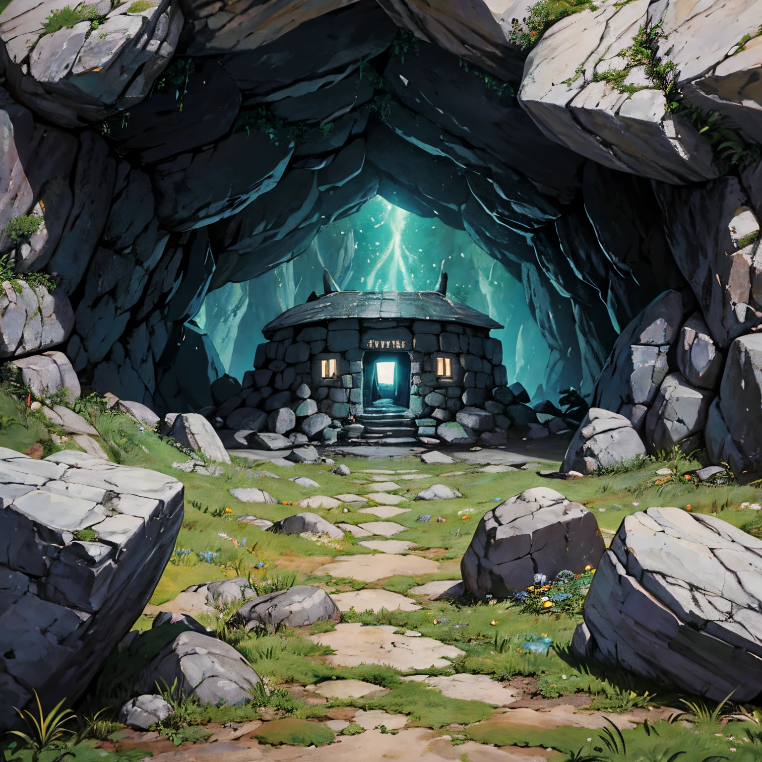 rocky cave tomb of a viking squad with a burial chamber inside, lote de esqueleto tem uma placa com letras na ordem V, Tinha, K, Tinha, n, G, 👽 t, em, L, e