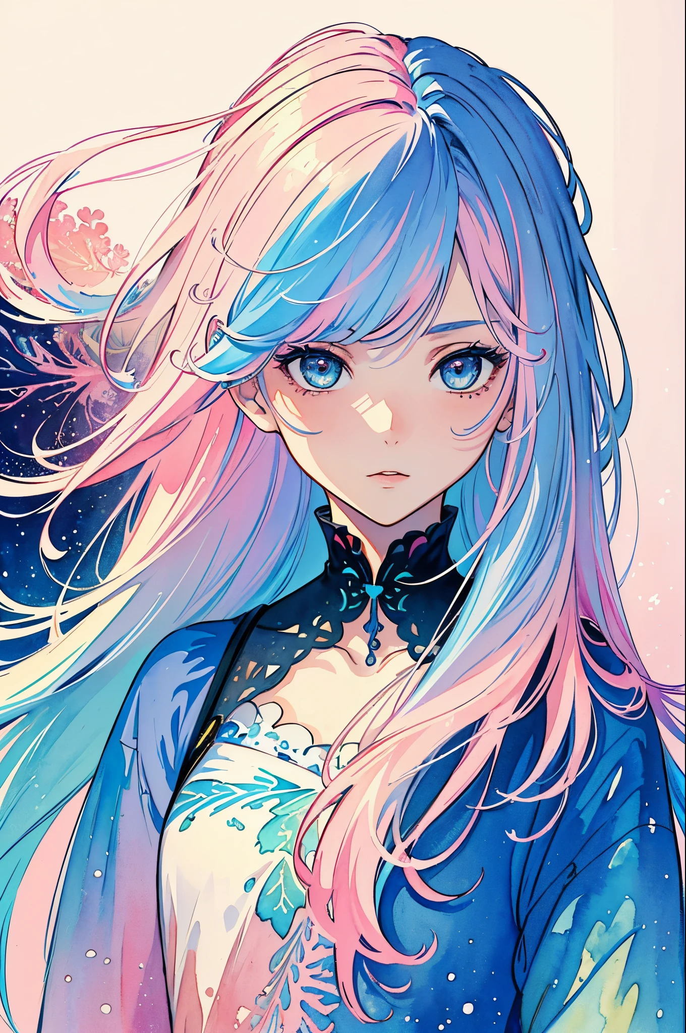 (Masterpiece, Top Quality, Best Quality, watercolour (medium), official arts, Beauty and Aesthetics: 1.2), (1girl: 1.3), (s fractal art: 1.3), clean background, Background, full - body, gaze at the viewer, (rainbow hair, Colored hair, half blue and half pink hair: 1.2), close-up