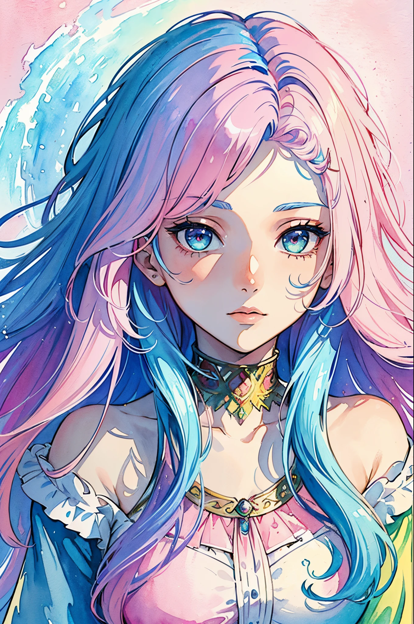 (Masterpiece, Top Quality, Best Quality, watercolour (medium), official arts, Beauty and Aesthetics: 1.2), (a 1girl: 1.3), (s fractal art: 1.3), clean background, Background, full - body, gaze at the viewer, (rainbow hair, Colored hair, half blue and half pink hair: 1.2), a closeup of a