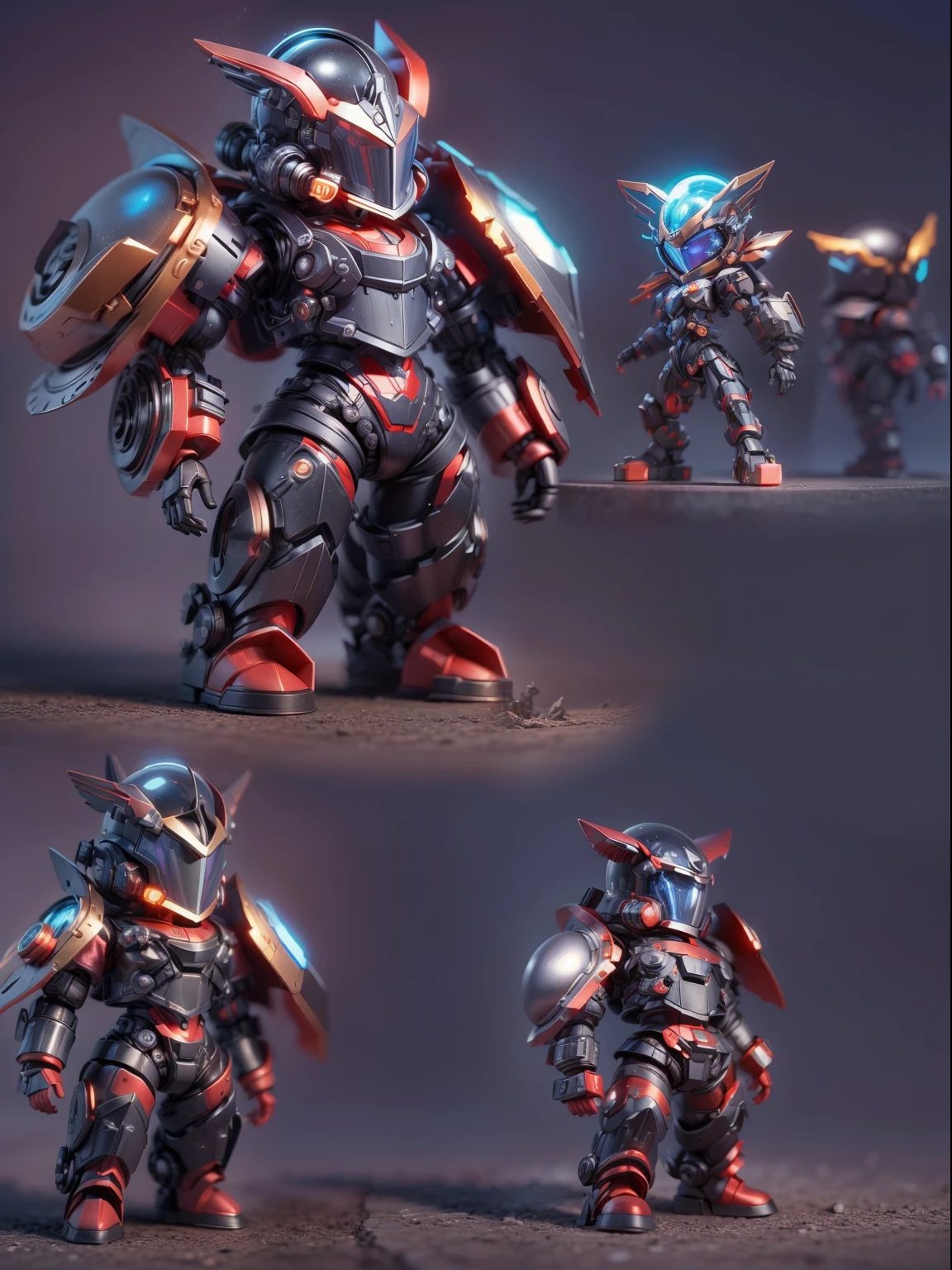 (Blind box toy style:1.2), (Full body shot) , 1 cute strong metal mage, Metal mech，Metal opaque helmet, cyber punk perssonage, dreamy glow, Clean, Black draft,red and blue style， ( Global illumination, Ray traching, hdr, unreal render,reasonable design, high detal, Masterpiece, Best quality, hyper HD, Cinematic lighting)