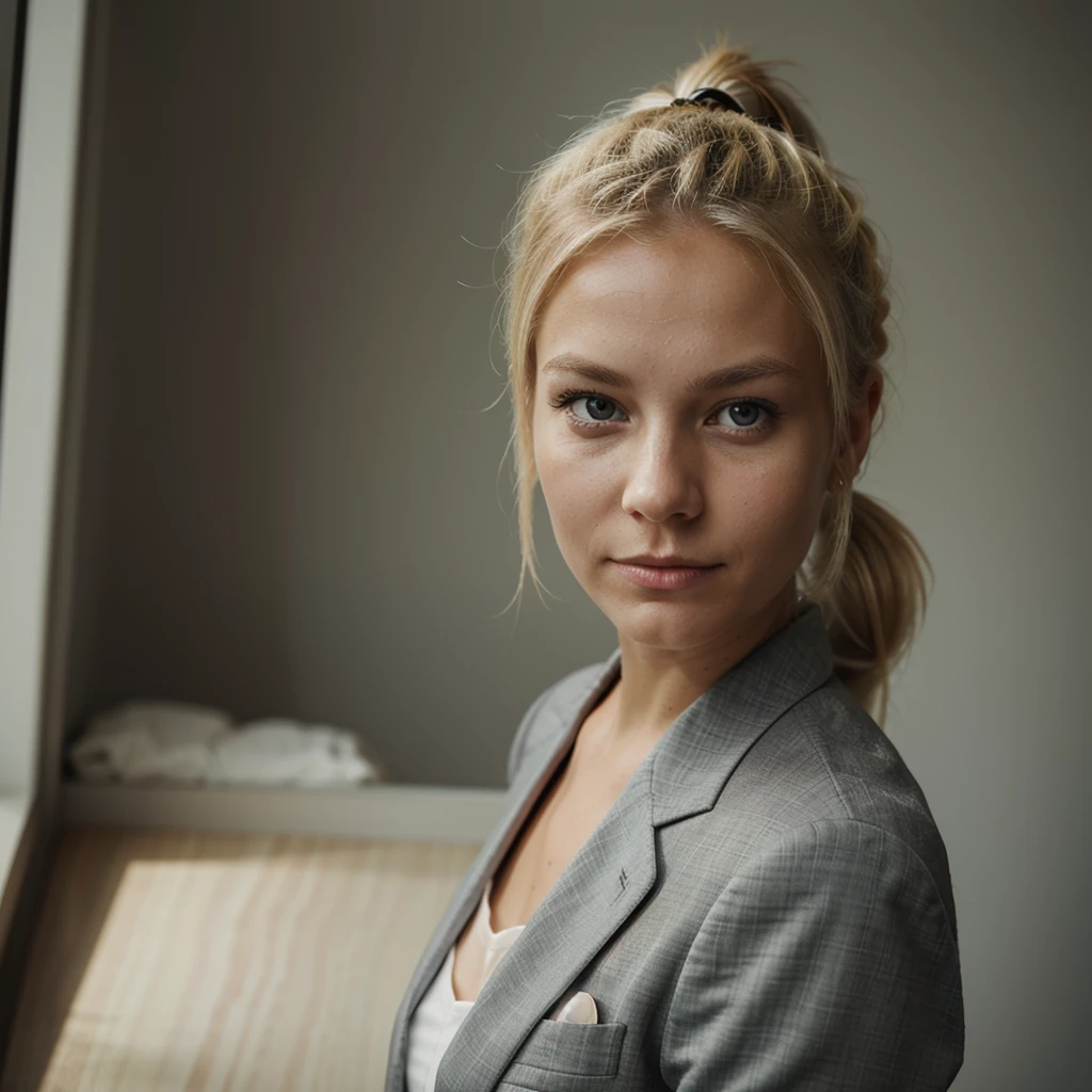 A blonde scandinavian girl, ponytail, in her 20s, looking at the viewer, front view, business suit