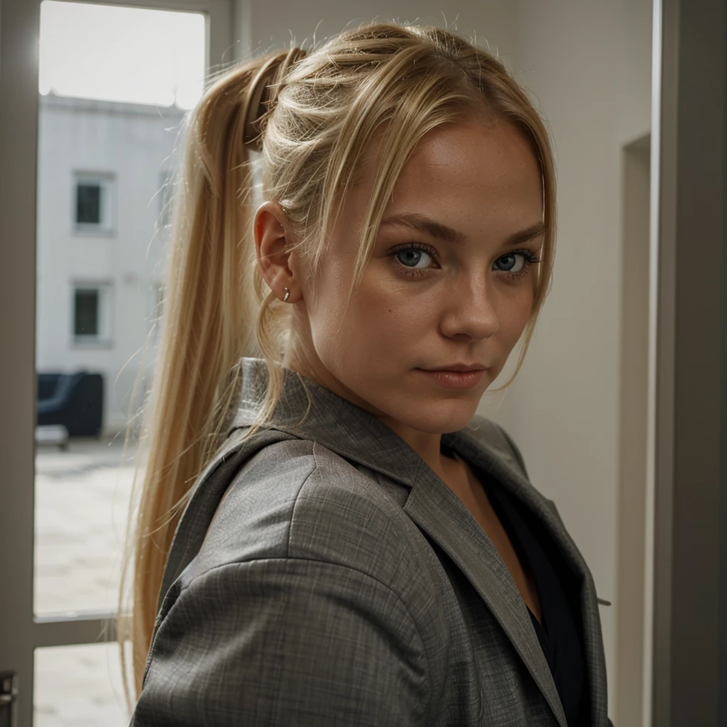 A blonde scandinavian girl, ponytail, in her 20s, looking at the viewer, front view, business suit