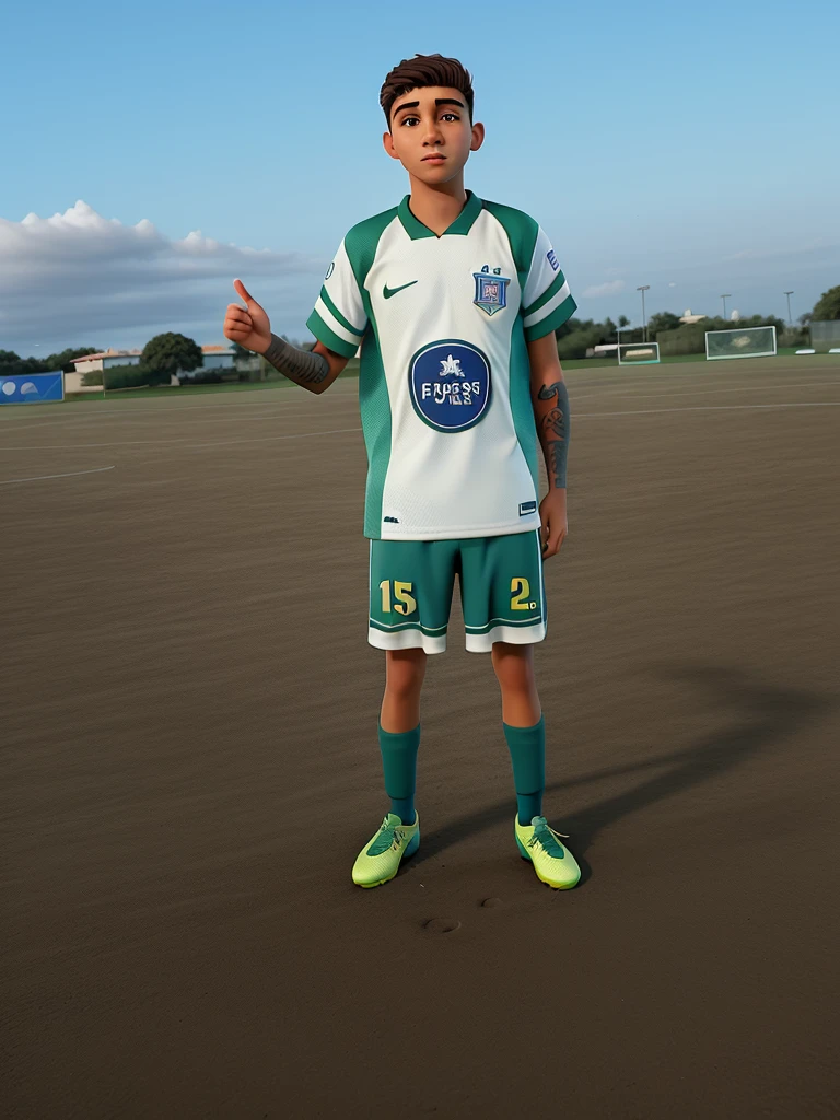 Jovem moreno com uniforme de futebol logo atras um campo de futebol