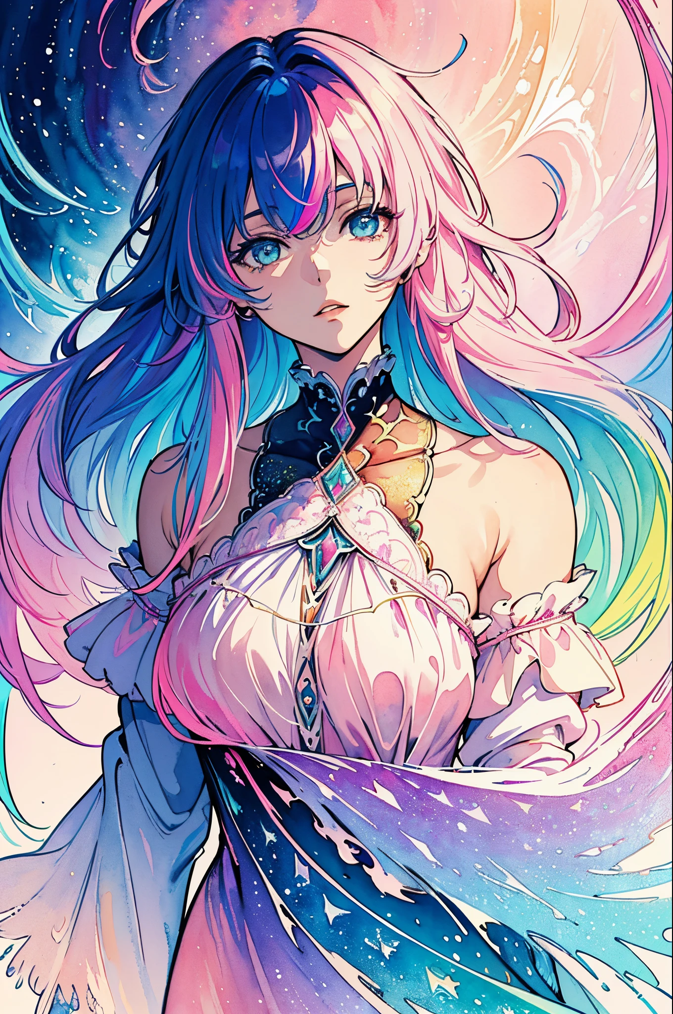 (Masterpiece, Top Quality, Best Quality, watercolour (medium), official arts, Beauty and Aesthetics: 1.2), (a 1girl: 1.3), (s fractal art: 1.3), clean background,  Background, full - body, gaze at the viewer, (rainbow hair, Colored hair, half blue and half pink long hair: 1.2), a closeup of a
