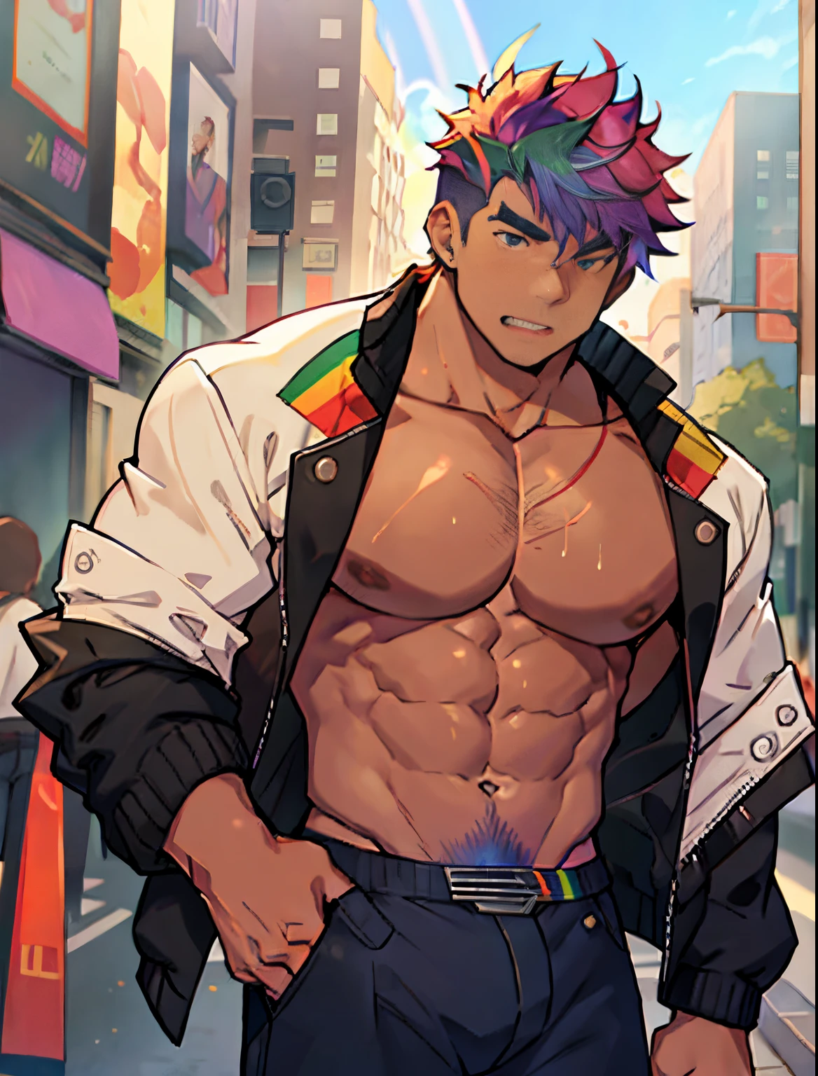 1boy,male focus,jacket,pectorals,solo,shirt,open jacket,open clothes,short hair, rainbow hair,outdoors,looking at viewer,pants,closed mouth, extremely muscular masculine figure,off shoulder,city,muscular male,, shirtless, exploding muscle, bara