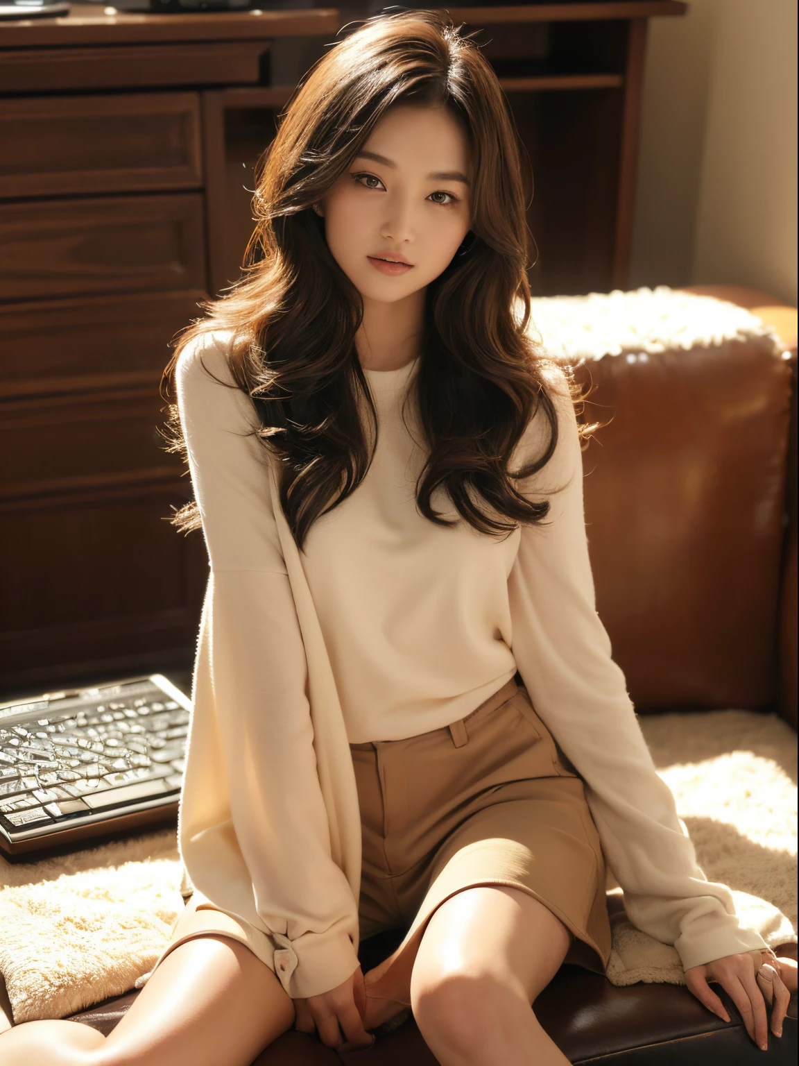 Woman sitting on a chair near a computer, Full body, (High contrast), (Deep, Darkest shadows),(Ultra realistic female body, Realistic skin), ( Background: Study room, desk work, a computer, DVR), The most beautiful women, (Her long hair updid, styles:1.2), She is illuminated with the glow of natural autumn light, Radiant skin , Light long hair, Backlit and dyed in autumn colors, Shorts and T-shirt (The sun accents the whole body), demure, Charming), stunning woman, (composed ), (extremely detailed texture, (architectural backlit)), (Top quality fabric texture: 1.2), (She is depicted, Arms Down, Relaxed), She observed, Accent Highlights, Rich shadows, hard disk, (Ultra-realistic ,Soft Accent Light), (Top quality fabric texture), (Hair and skin with high realism), (hyper-realistic eyes: Eyelashes, Pupils, spark of light), Stylish elegance, Elegant minimalism , Finely detailed,(Fine-grained), (The most detailed skin texture: Peach Fuzz Earlobe Real,freckle, Blushing) ○○ Resolution – Ultra High Resolution , The dim, ISO 1200 certification, Aperture: F/2.8, High Texture, Photorealistic hands and fingers – (Photorealistic beautiful 4K) , 8K,Extreme Detail, intimate, Perfectly assembled, Skillful composition, Piece of art, Beautiful composition, Solo Woman, (Top quality fabric texture), Every detail,Fine,Soft Accent Light, Gorgeous Rembrandt-style lighting, (Rembrandt Patch)), (Top quality fabric texture), fabric, ultra-detailliert(Ultra-fine ), photographrealistic, Extremely detailed(Extremely detailed) , Finely detailed, (Highest detail image, Realistic),resoulution ultra-Highresolution(hight resolution), Comfortable and relaxing