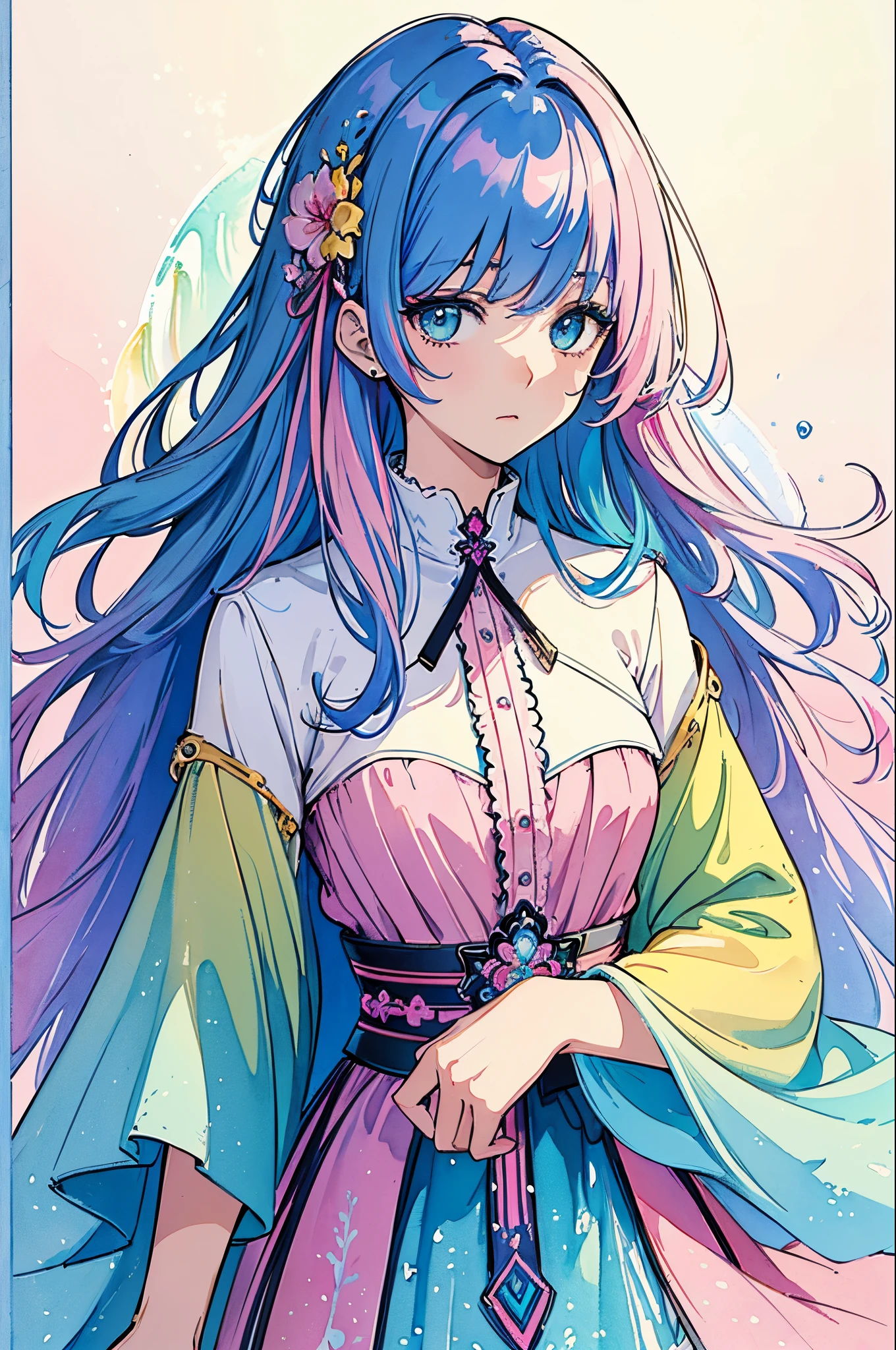 (Masterpiece, Top Quality, Best Quality, watercolour (medium), official arts, Beauty and Aesthetics: 1.2), (a 1girl: 1.3), (s fractal art: 1.3), clean background, Background, full - body, gaze at the viewer, (rainbow hair, Colored hair, half blue and half pink long hair: 1.2), a closeup of a