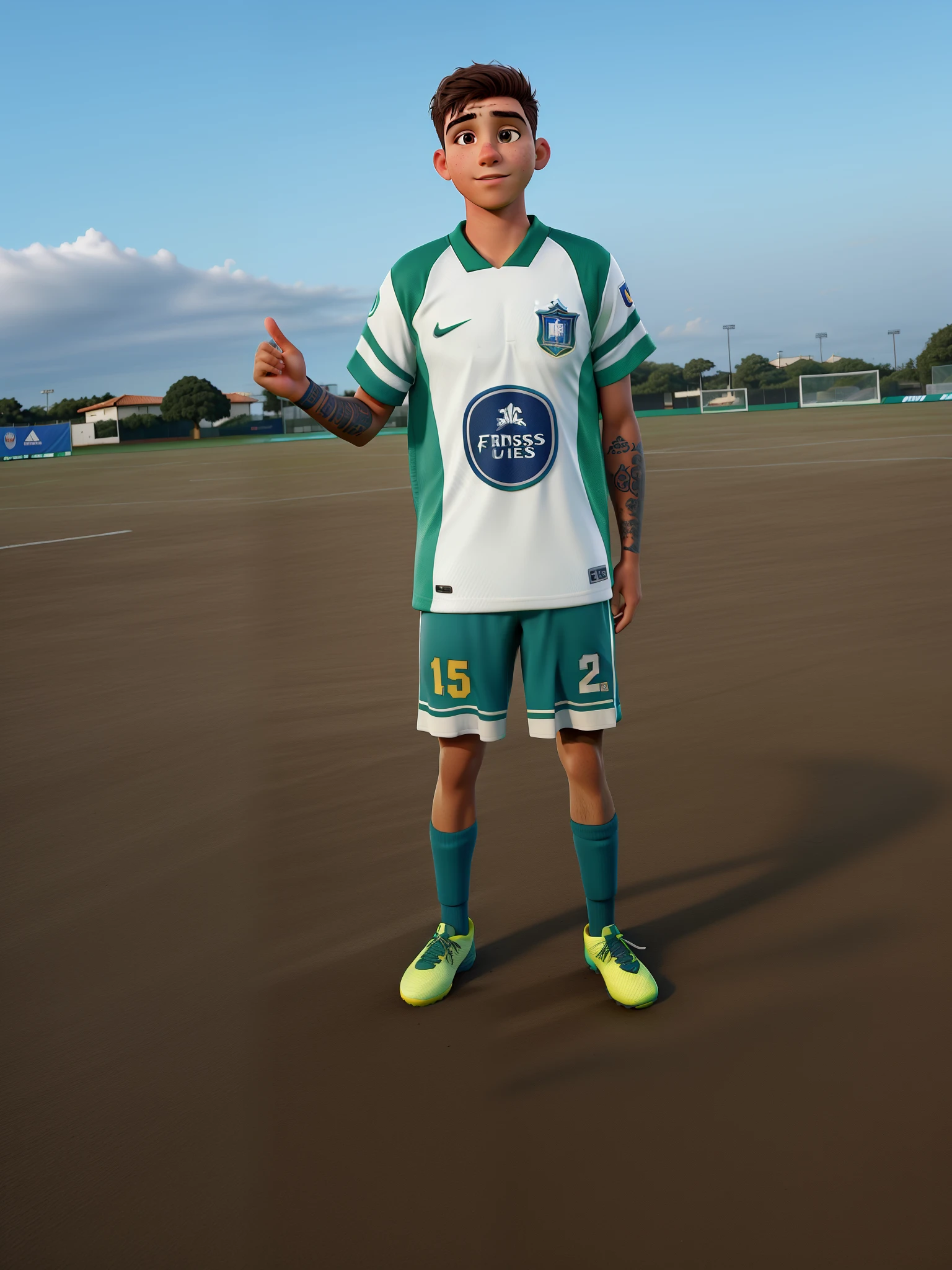 Jovem moreno com uniforme de futebol logo atras um campo de futebol