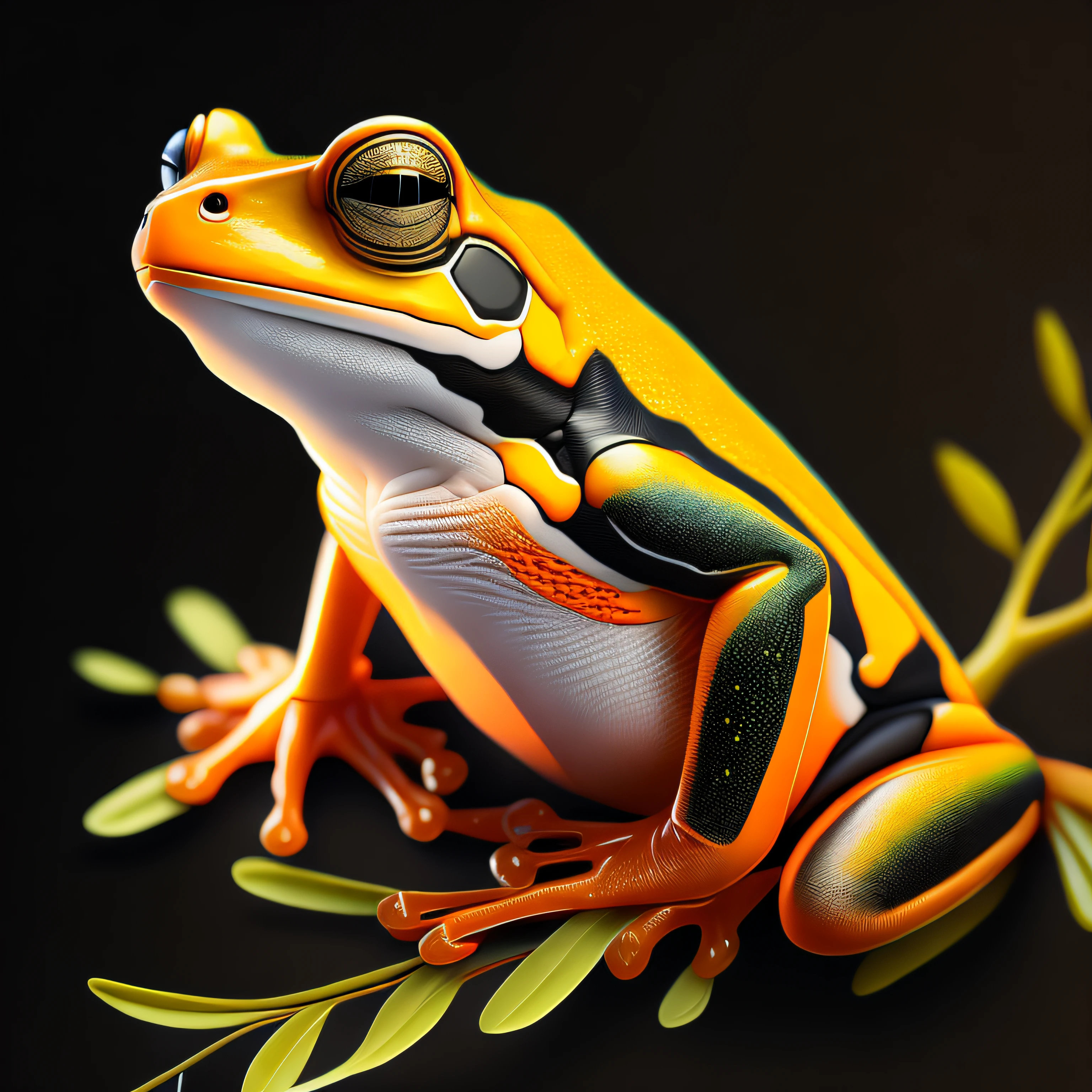 intricate and colorful, (digital painting:1.2) orange tree frog, bright neon skin, wet, portrait, concept art, octane render, trending on artstation, neon-noir background, iolibt, vfx, Blender and Photoshop, octane render, excellent composition, cinematic atmosphere, dynamic dramatic cinematic lighting, aesthetic, very inspirational, arthouse,(dark plain black background:1.4))