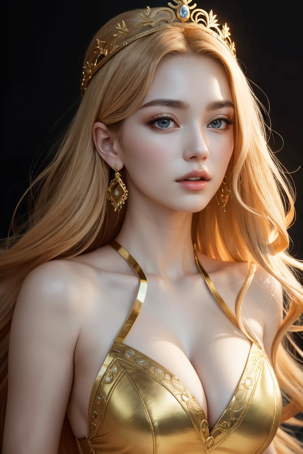 Absurd, Ultra-detailed, hiquality, Masterpiece, Detailed Face, Beautiful eyes(A detailed eye), Greek mythology, a goddess, Hera , the queen of the gods, striking and captivating, features are classically beautiful, with high cheekbones, perfectly proportioned face, Eyes, depicted as large and captivating, hold an intense gaze, Golden hair , Gole's hair is lush and flowing, cascading down her back in waves,in elegant clothes, decorated with intricate patterns ,Her beauty is not just superficial, but embodies the essence of power, authority, and regality.