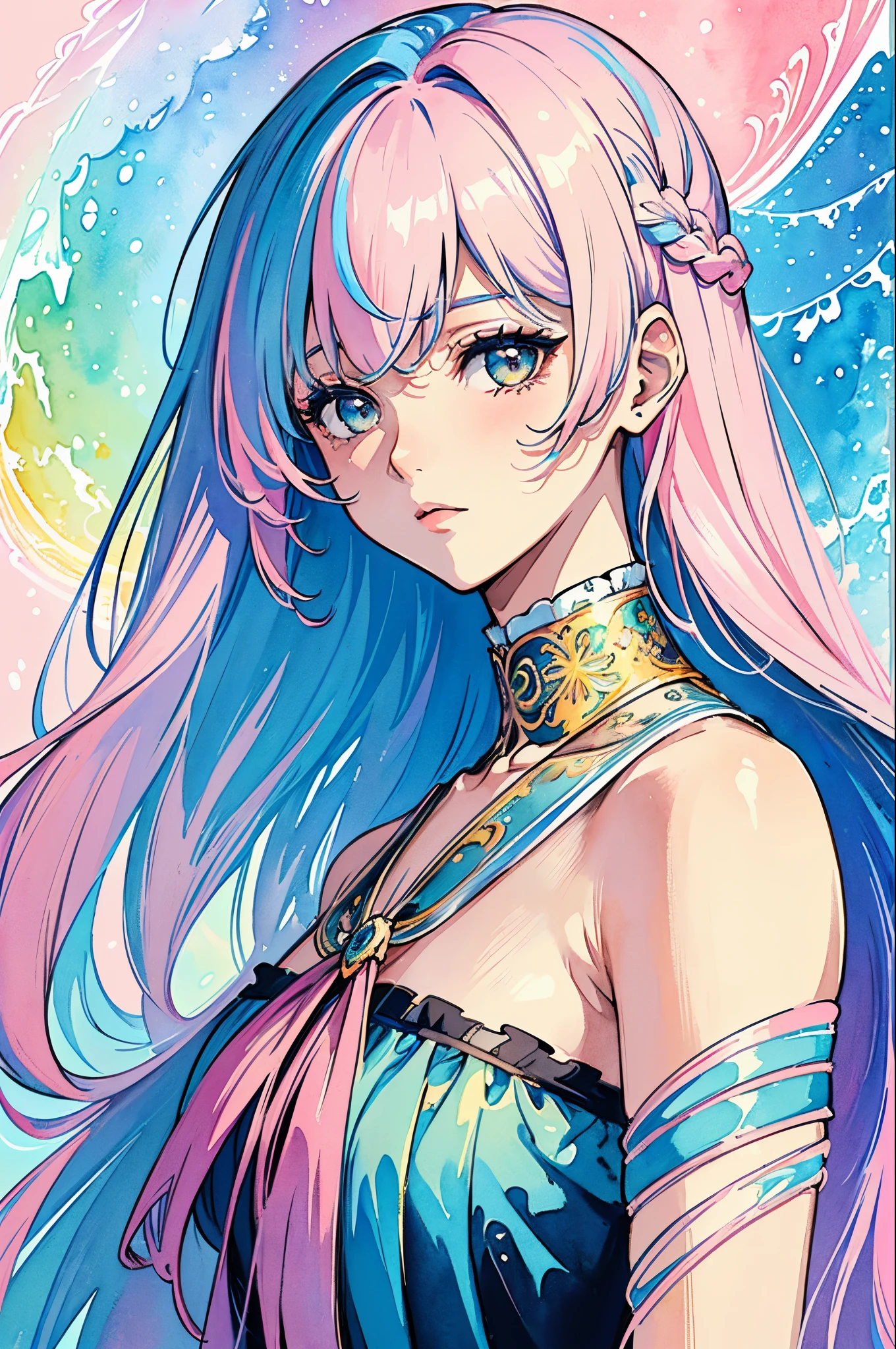 (Masterpiece, Top Quality, Best Quality, watercolour (medium), official arts, Beauty and Aesthetics: 1.2), (a 1girl: 1.3), (s fractal art: 1.3), clean background, Background, full - body, gaze at the viewer, (rainbow hair, Colored hair, half blue and half pink long hair: 1.2), a closeup of a