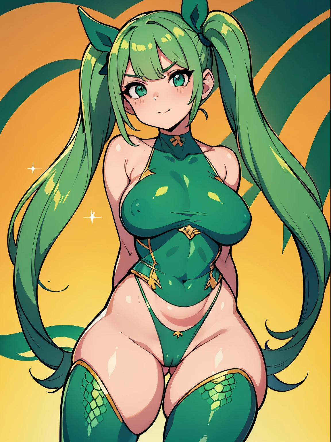 (melhor qualidade, obra-prima), 1Meninas, (corpo perfeito), (cabelo verde), (pigtails), (lizard girl), (scales in skin), Feliz, corada, rechonchuda, Fofa, emphasis on the thighs, Pose sexy, seios grandes