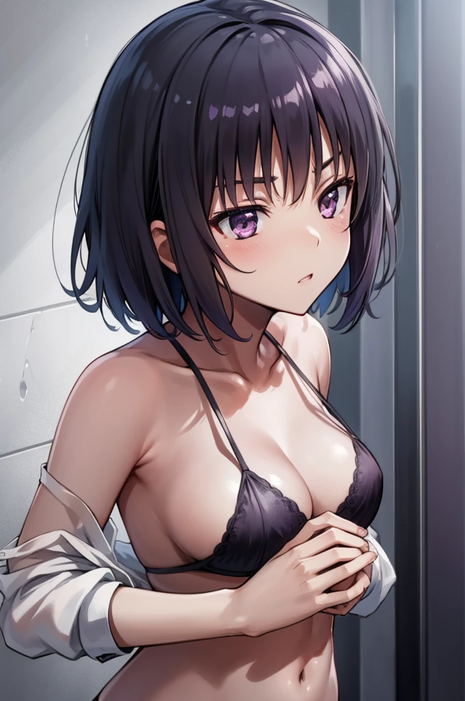 Suzune Horikita, Suzune Horikita, Black hair, braid, Short hair, (Purple eyes:1.1), In lingerie, Best Quality, High resolution, Unity 8k壁纸