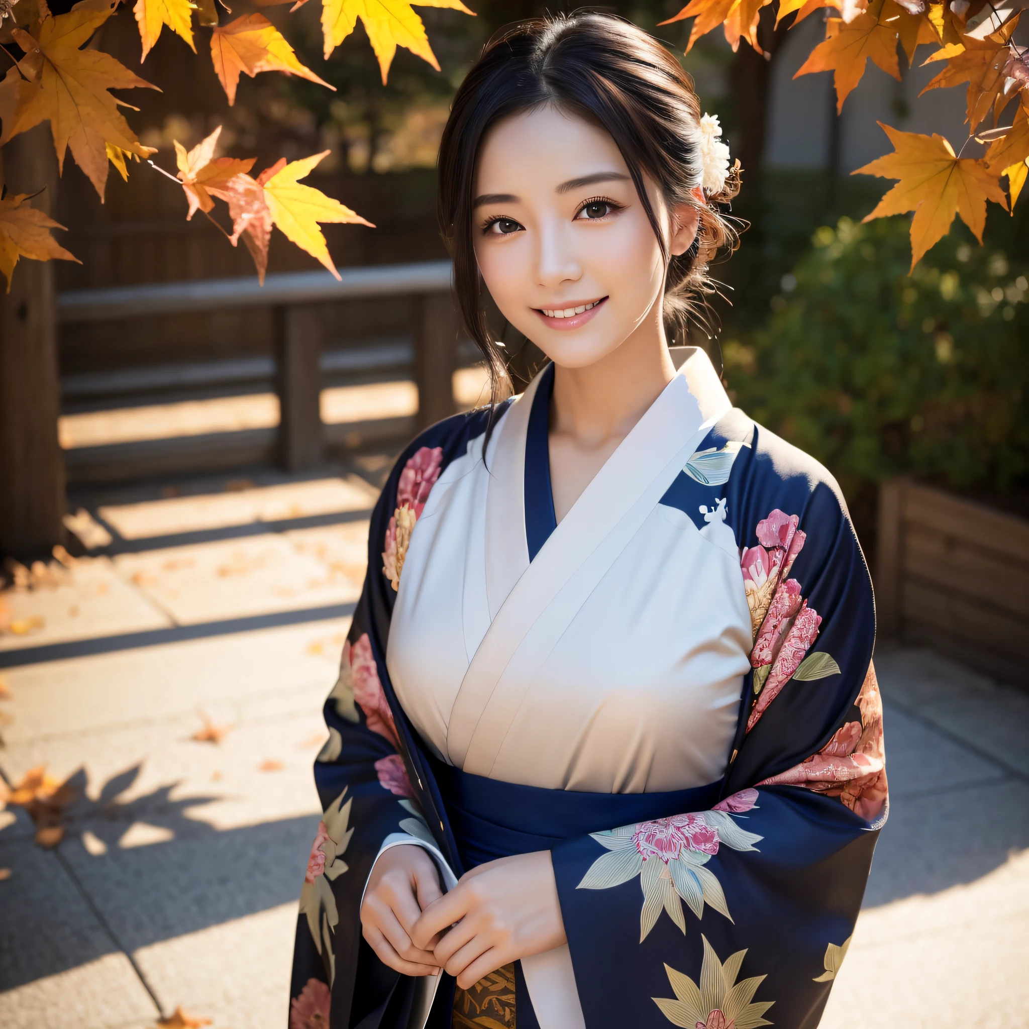 (Super beautiful woman in kimono)、((best qualtiy、8k masterpieces:1.3))、foco nítido:1.2、(ultra beautiful faces:1.0)、(shinny skin:1.0)、photos realistic、A dark-haired、Video Lighting、High-definition eyes and face、Video Lighting、Japanese actressl、from the front side、medium breasts、With a happy smile、wearing kimonos、Under the autumn leaves、highest grade obi