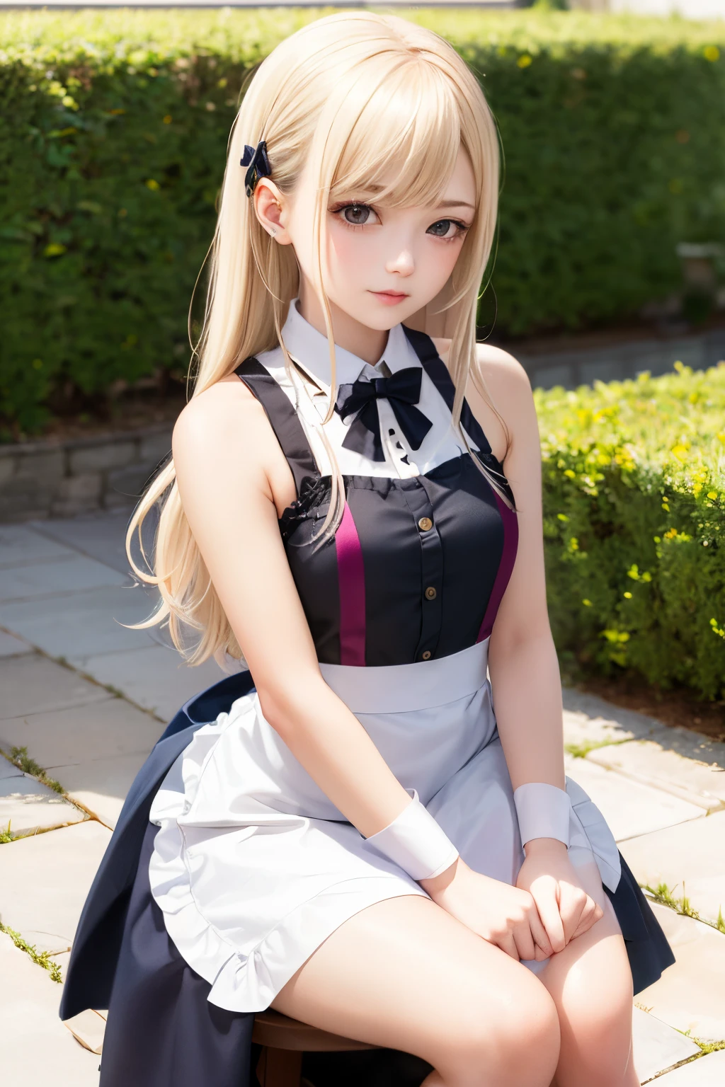 A girl,16 year old,pretty face,sleeveless waitress,gothic and lolita,european countryside,blonde,bangs bangs,muscular arms,maid