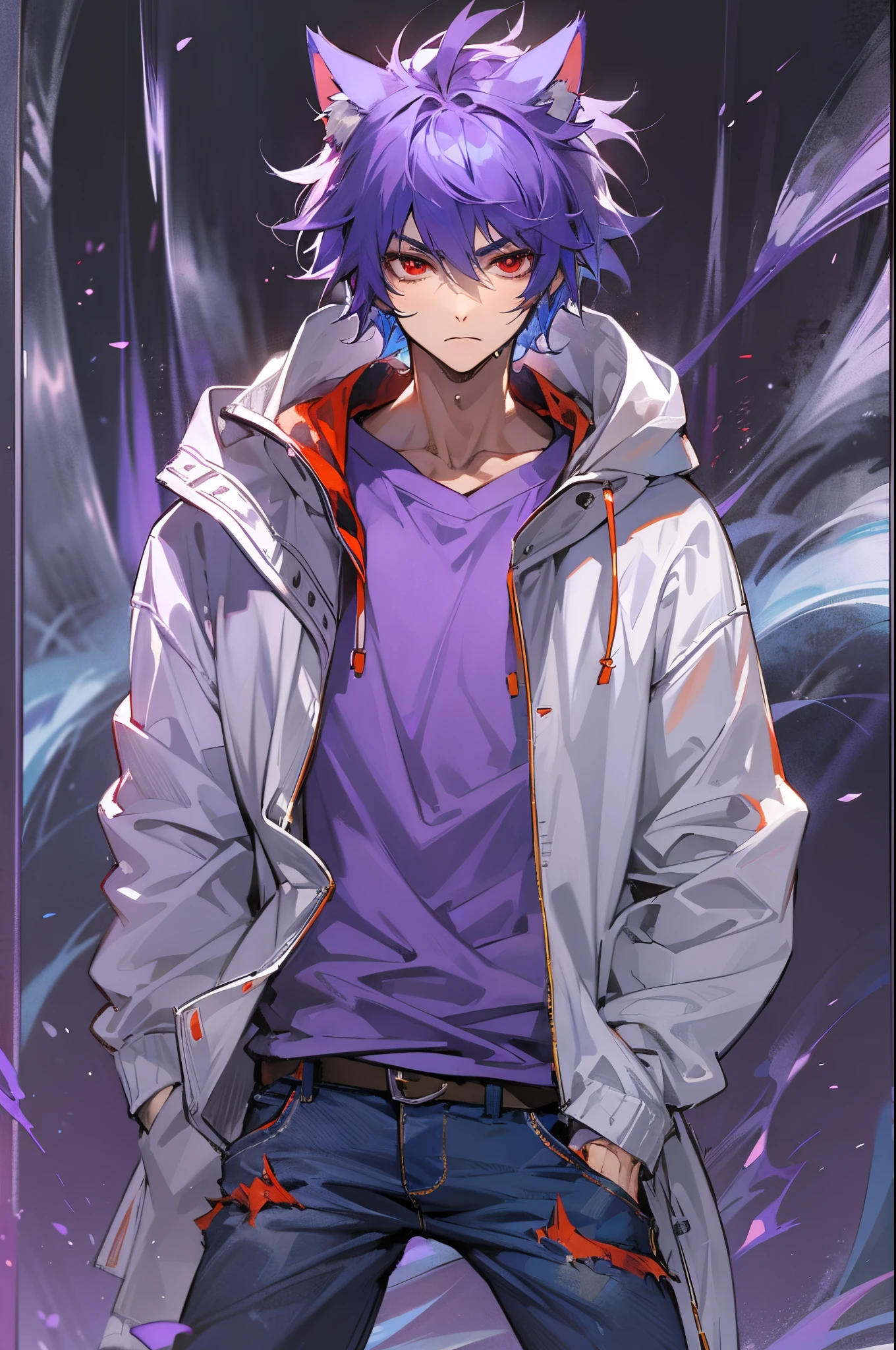 1male, Adult, short hair, purple hair, red eyes, cat ears, flowing purple aura, Serious face, oversized hoodie, baggy jeans, muscular, spiked up hair, powering up