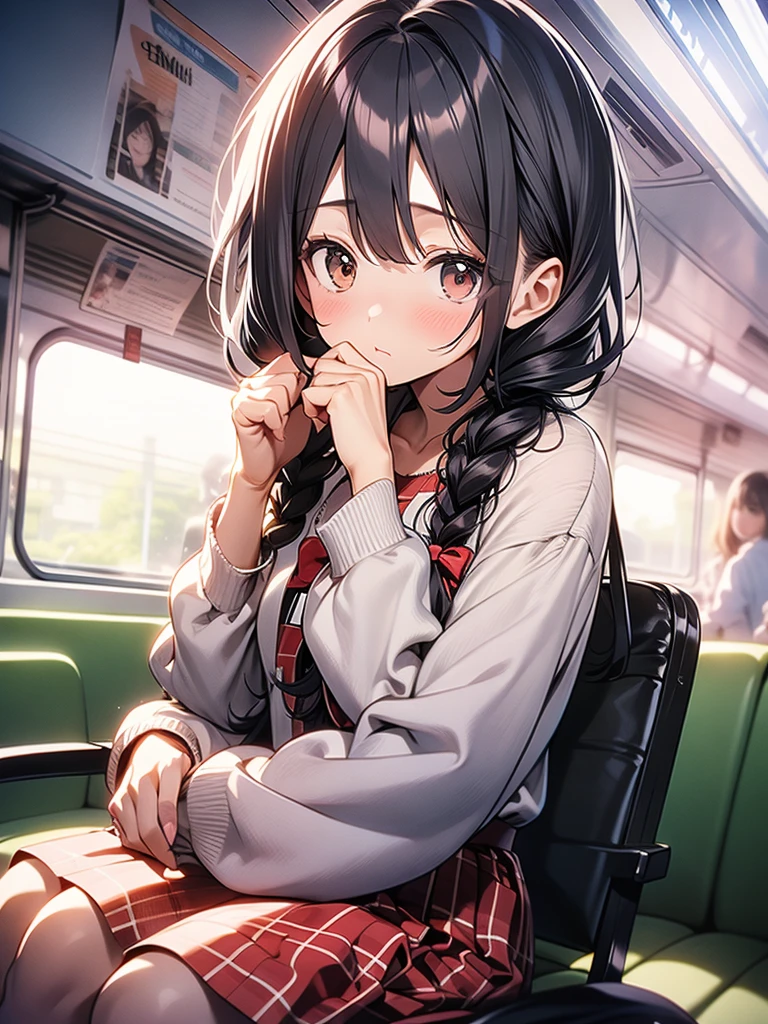 in 8K、top-quality、masterpiece、ultra-detailliert、Ultra-high resolution、((1 persons))、girl with、校服、Braided hair、makeups、Plaid mini skirt、Train、dozing