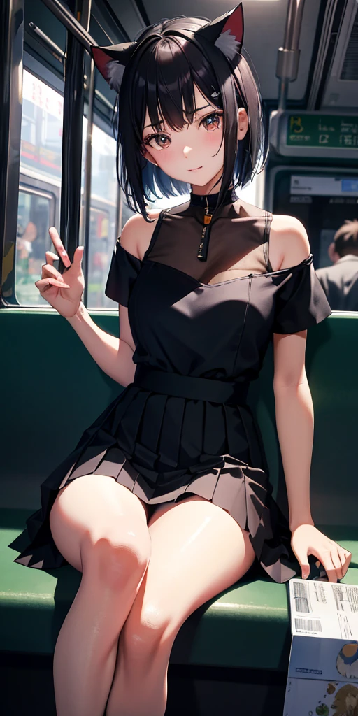 masutepiece, Best Quality, High resolution, Very detailed, Detailed background, 1 girl, gaze at the audience, sitting on the subway, In the train car, poseing, Putting on cat ears, Short hair, White off-the-shoulder dress, Skirt, Transparent, Happy, NSFW