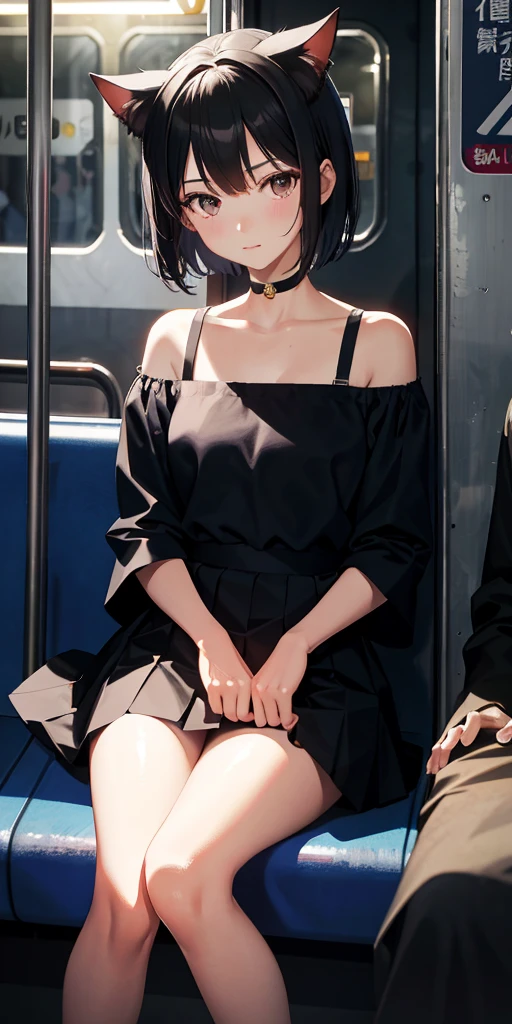 masutepiece, Best Quality, High resolution, Very detailed, Detailed background, 1 girl, gaze at the audience, sitting on the subway, In the train car, poseing, Putting on cat ears, Short hair, White off-the-shoulder dress, Skirt, Transparent, Happy, NSFW