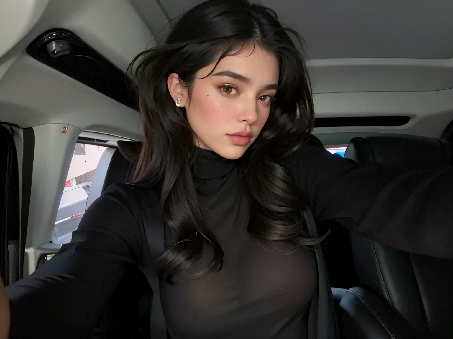 there is a woman in a black blouse sitting in a car, Violeta Myers, Kylie Jenner, linda senhora, Karla Ortiz, vestindo um bodysuit preto, julia fuentes, julia sarda, Kylie Jenner como Mulher-Gato, Modelo do Instagram, Dua Lipa, lindo rosto latino, mulher linda, Parece Laura Barriales, sentada em seu carro, Cerveja Madison