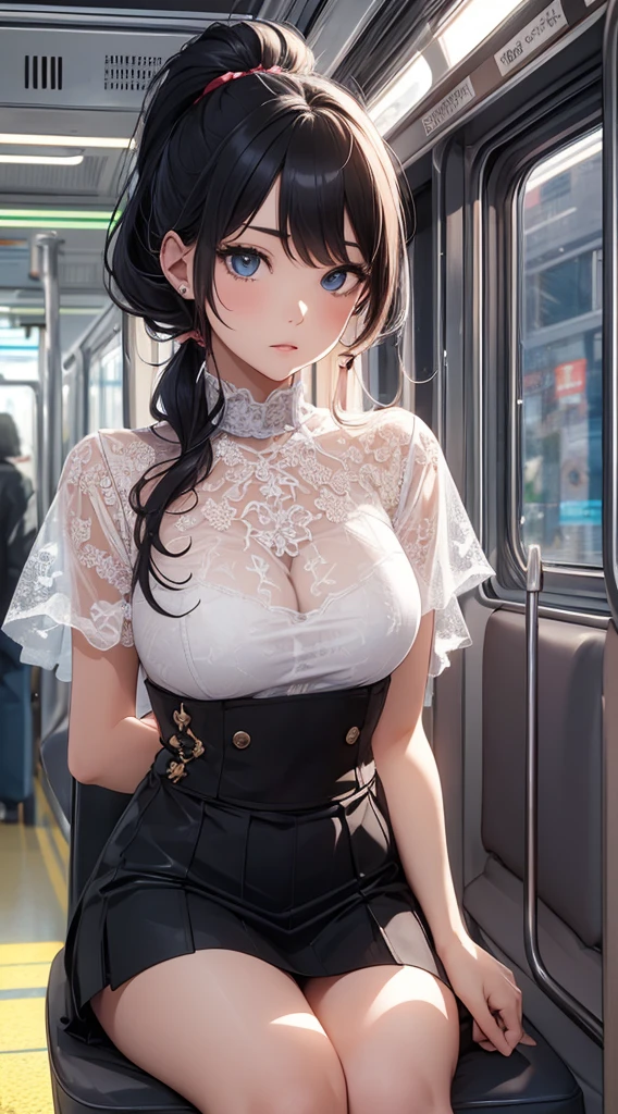top-quality、Top image quality、masterpiece、girl with((18year old、Best Bust、Medium bust、Bust 85,Beautiful wide open blue eyerest,Black Short Sleeve T-Shirt、white sheer see-through short skirt、Ponytail with black hair、sitting in the seat、Read model magazines、serious facial expression))hiquality、Beautiful Art、Background with((On the train、Clear sky aesthetic piece、Elaborate design、visualart、depth of fields、The best lighting、highestdetailed、