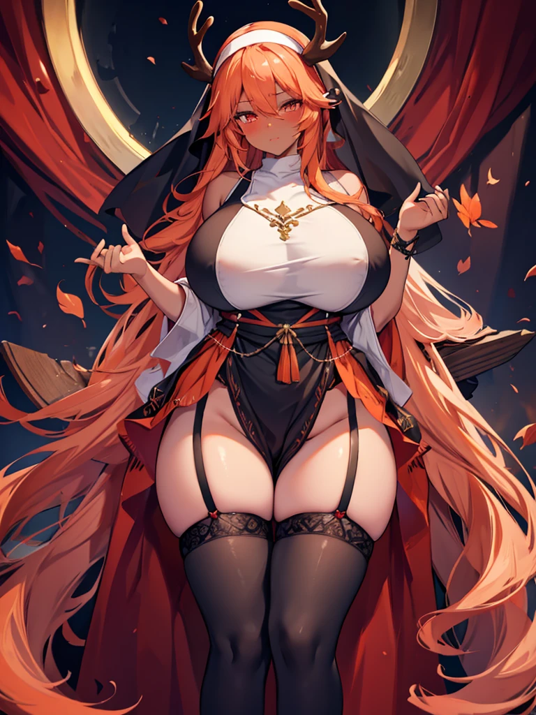 long hair, orange hair, (dark skin female), (nun), big breasts, Big ass, Deer antlers, large horn, heavy body, large body, venus body, gigantic large tits, red blush, stockings,garter belt,
