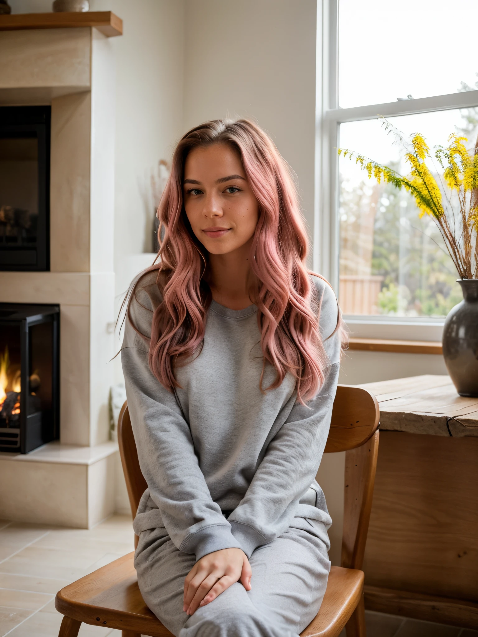 beautiful girl with long thick wavy (pink hair:1.3) (bright color), natural eyes, shiny skin free of imperfections, perfect face, amazing face, perfect lips, indoor, (in gray sweatshirt-like pajamas, sitting on a beautiful wooden chair, breakfast, without make up, very natural, photo of cozy modern interior, sunlight, window, sunshine, fireplace lit in the background, smoke coffee on table, 1person in background), portrait, realistic, blue eyes, looking at viewer