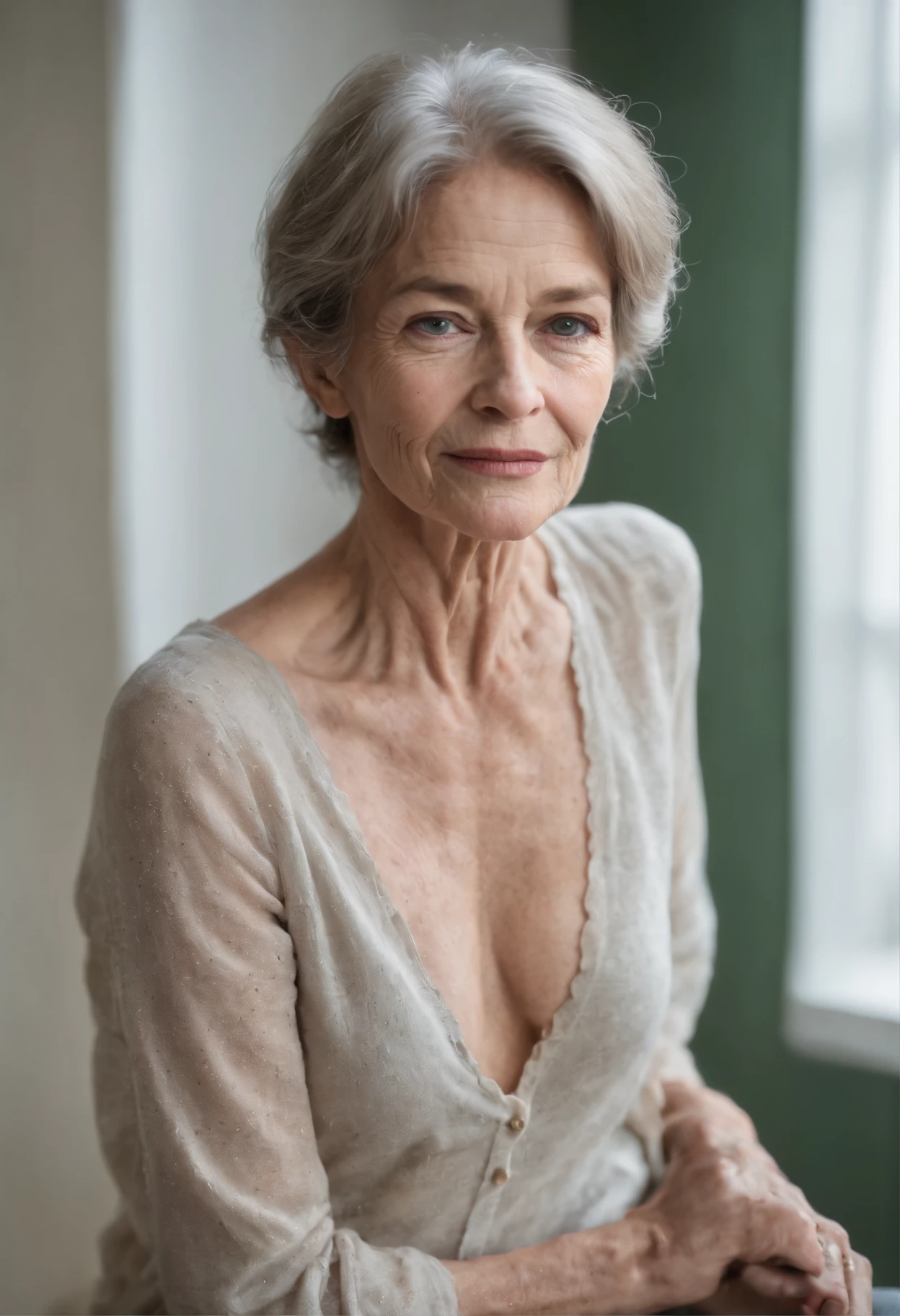 Half length waist-up topless nude photo of beautiful very anorexic skinny 75 year old actress, very short length flip-styled curly white hair, blue eyes, detailed eyes, large big round tits, realistic skin with pores and blemishes, pale skin, looking directly at the camera very confident and sexy, casual slight smirking smile, distressed old hipster jeans, beautiful round ass, boots, wrinkled freckled huge sexy cleavage, clear signs of aging lots of wrinkles, she’s a Charlotte Rampling lookalike, in blurry loft apartment with distant dark hunter green walls, bookcases and very dramatic light