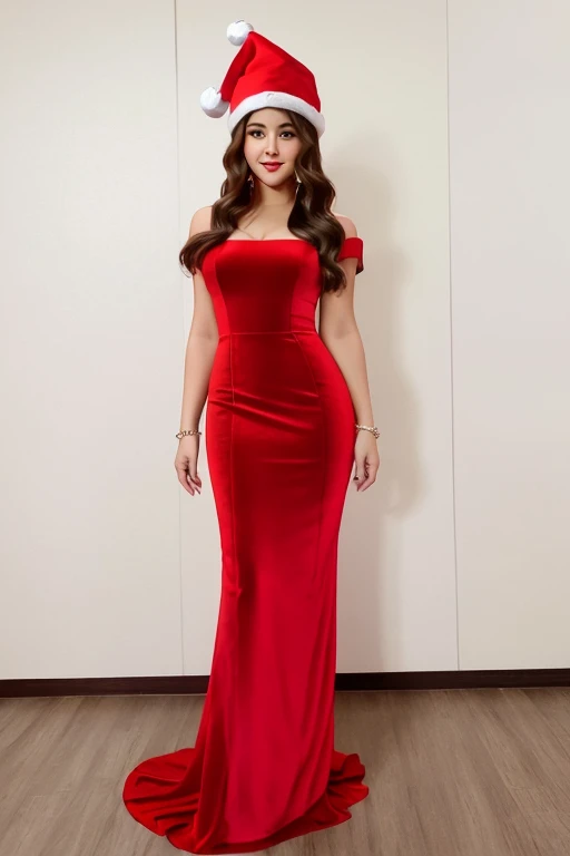 araffe dressed in a red dress and santa hat posing for a picture, in a red dress, wearing a red outfit, wearing red dress, red dress, wearing long gown, red, wearing a red dress, wearing red formal attire, all red, wearing red, long gown, long dress, isabela moner, red dress and hat, gown
