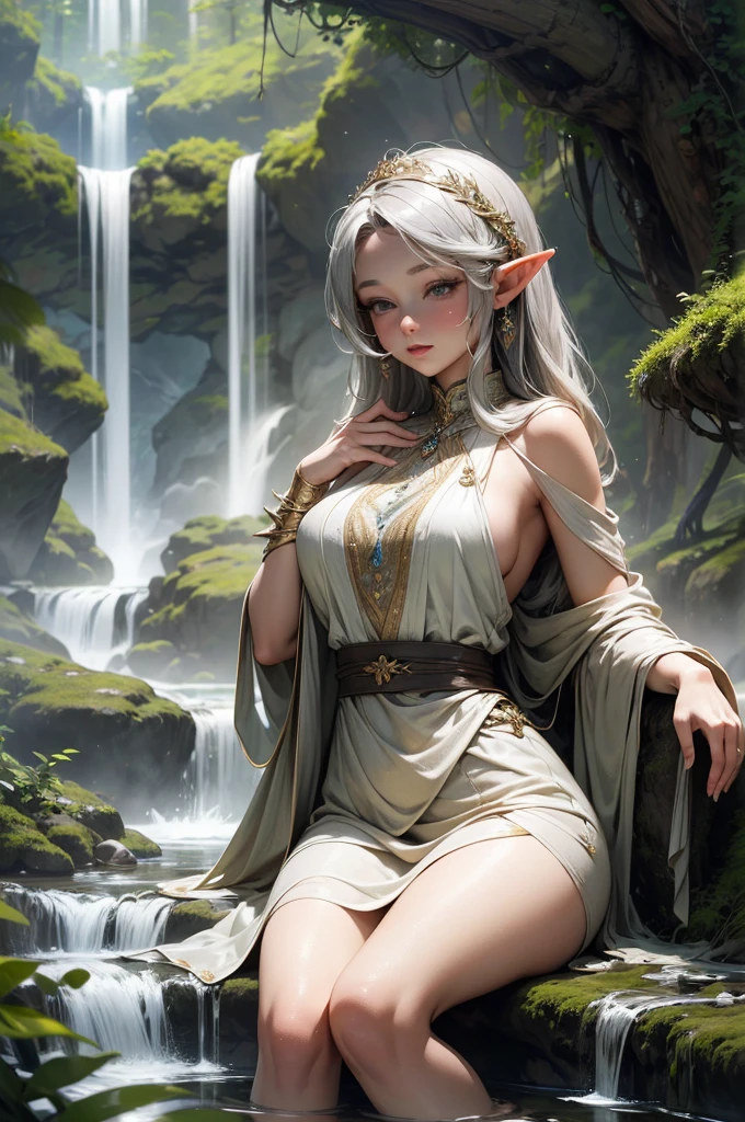 (Masterpiece - Ultra-Detailed, High Resolution) Prepare to be enchanted by a true masterpiece that combines ultra-detailed art with high-resolution rendering. This work shows a mesmerizing and sexy young elf with very large breasts and gray hair. Gray eyes, transparent white dress, with a snake wrapped around her neck, bathing in a waterfall, lying in the water, with forest and waterfall as an illustration. Get ready to dive into a world where beauty and craftsmanship merge perfectly.