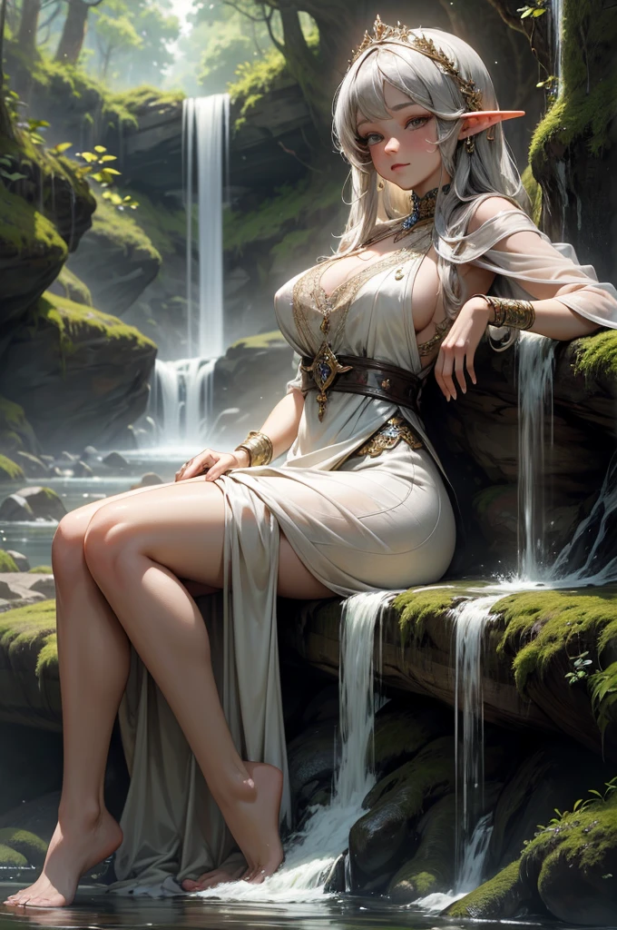 (Masterpiece - Ultra-Detailed, High Resolution) Prepare to be enchanted by a true masterpiece that combines ultra-detailed art with high-resolution rendering. This work shows a mesmerizing , sexy elf young belly dancer, very big breasts, gray hair.  Gray eyes, white transparent dress, sexy see-through underwear with lace, bathing in the waterfall, laying in the water, with forest and waterfall as an illustration. Get ready to dive into a world where beauty and craftsmanship merge perfectly.