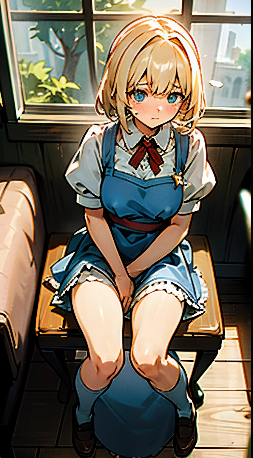 alice in the wonderland, Super cute girl, a blond, Long,
shame, My face looks like I'm about to cry because I'm embarrassed because my pee came out., Light blue colored short dress, Apron skirt, frilld, B-cup breasts, Light blue fluttering mini skirt, Long white knee-high socks that go above the knee, and draw the full body, Sitting on a chair, Inside an old Western-style building, absurd worldview, window where bright sunlight shines through, Her clothes are a little disarrayed and her breasts are exposed., Draw nipples,Her skirt is a little disarray and her crotch is visible., draw the genitals of the crotch, Pee, I pee and the urine comes out from my crotch and flows down my thighs.