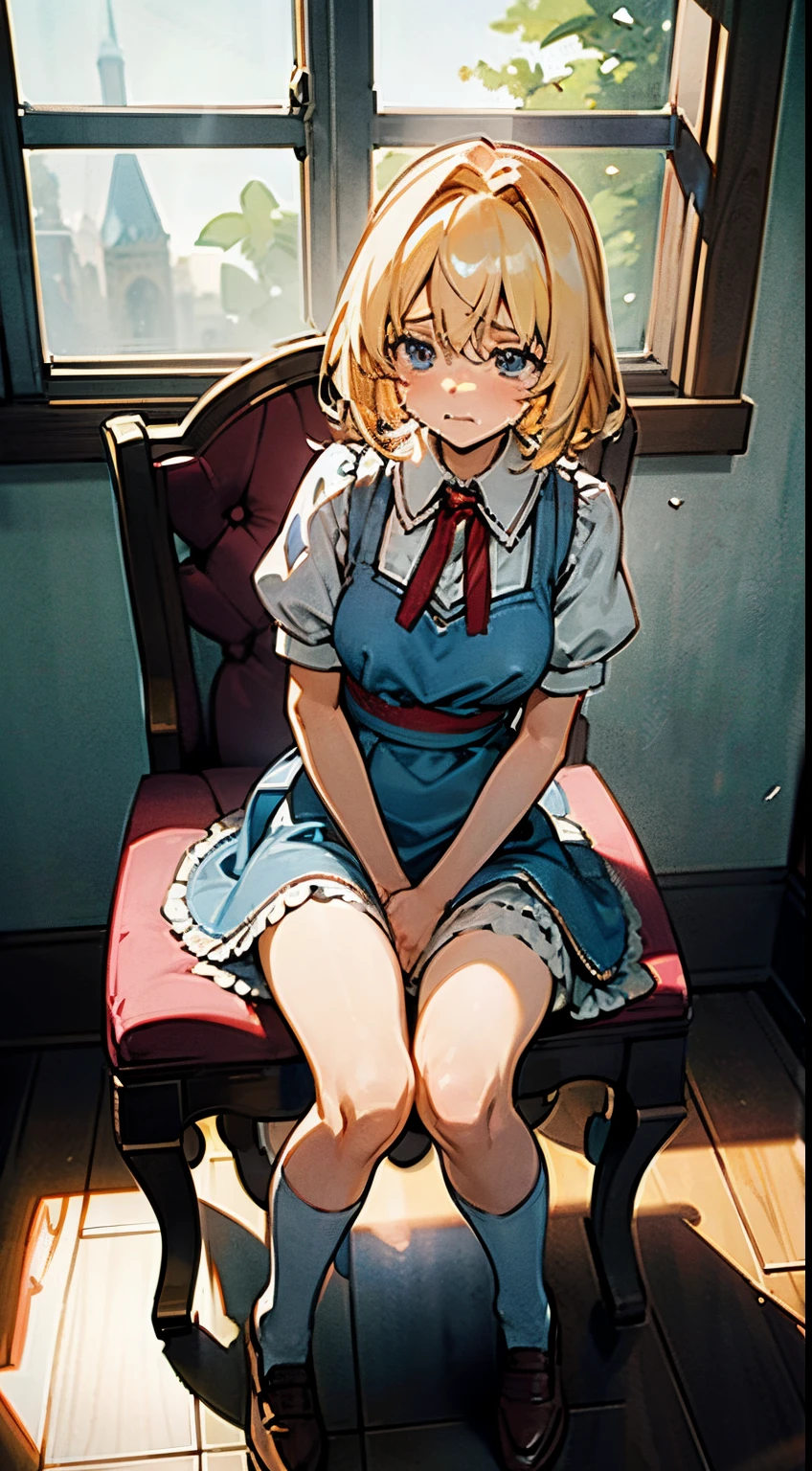 alice in the wonderland, Super cute girl, a blond, Long,
shame, My face looks like I'm about to cry because I'm embarrassed because my pee came out., Light blue colored short dress, Apron skirt, frilld, B-cup breasts, Light blue fluttering mini skirt, Long white knee-high socks that go above the knee, and draw the full body, Sitting on a chair, Inside an old Western-style building, absurd worldview, window where bright sunlight shines through, Her clothes are a little disarrayed and her breasts are exposed., Draw nipples,Her skirt is a little disarray and her crotch is visible., draw the genitals of the crotch, Pee, I pee and the urine comes out from my crotch and flows down my thighs.