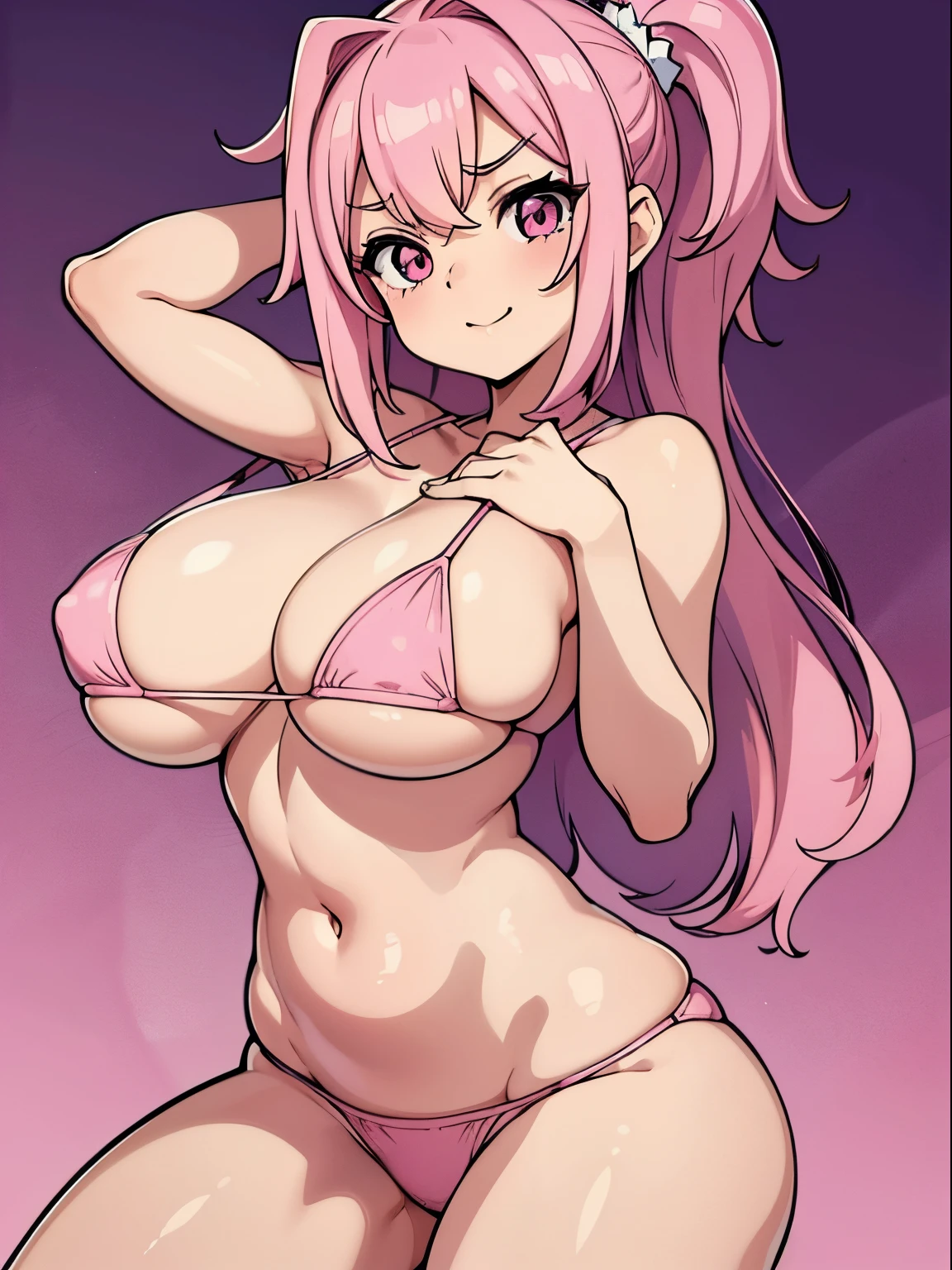 (melhor qualidade, obra-prima), 1Menina, (corpo perfeito), (cabelo rosa), (pink skin), (tight bikini), Feliz, corada, rechonchuda, Fofa, emphasis on the thighs, Pose sexy, seios grandes, hands on breasts