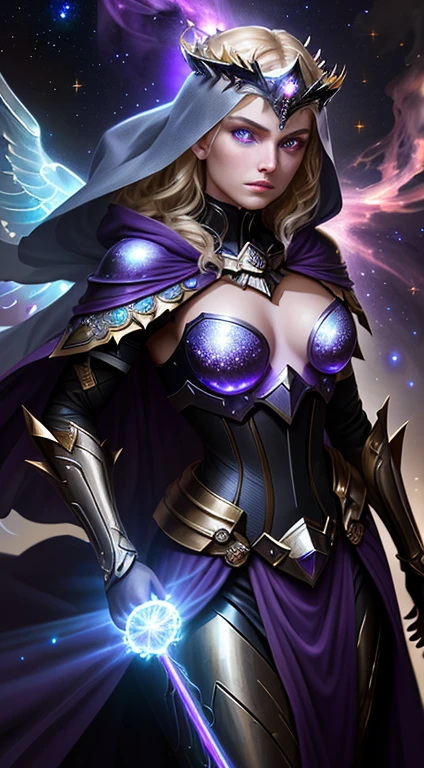 golden armored woman made of stars and nebula, (badass:1.3),  mighty goddess of the night, huntress,  (sleek angelic battle crown:1.3), night, moon, starry, galactic, fantasy, (brightly glowing face and eyes: 1.6), (purple nebular colorful iridescent skin:1.5), iridescent, glowing cape made of silky light beams, action pose, being of pure light, [moon priestess], woman made of pure light and blue smoke, warrior woman, ready for battle, small hooded helmet, (glowing eyes:1.4), veil, victorian era, edwardian era, elegant, classy, photogenic, beautiful young woman, silky glowing wings of starlight, glowing nebula skin, blond hair, wavy hair, nebular, iridescent glow, archangel, intricate, detailed cg hd wallpaper, sharp focus, beautiful detailed lighting, dramatic, (professional majestic oil painting:1.15), (by artstation and studio ghibli:0.3), by greg manchess, (jeremy lipking), by antonio j manzanedo