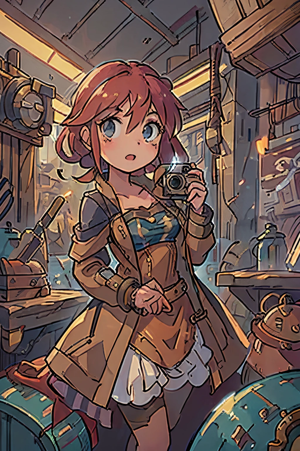 (8k, RAW photo, highest quality), pretty girl using tools next to a table, in a factory, water pipe, water tank, 18th century, red head, steampunk aviary helmet, coat available, (detailed eyes : 0.8), (looking at camera: 1.4), (highest quality), (best shadow), intricate details, interior, dark studio, muted colors, (steam punk), Lucca from Chrono trigger